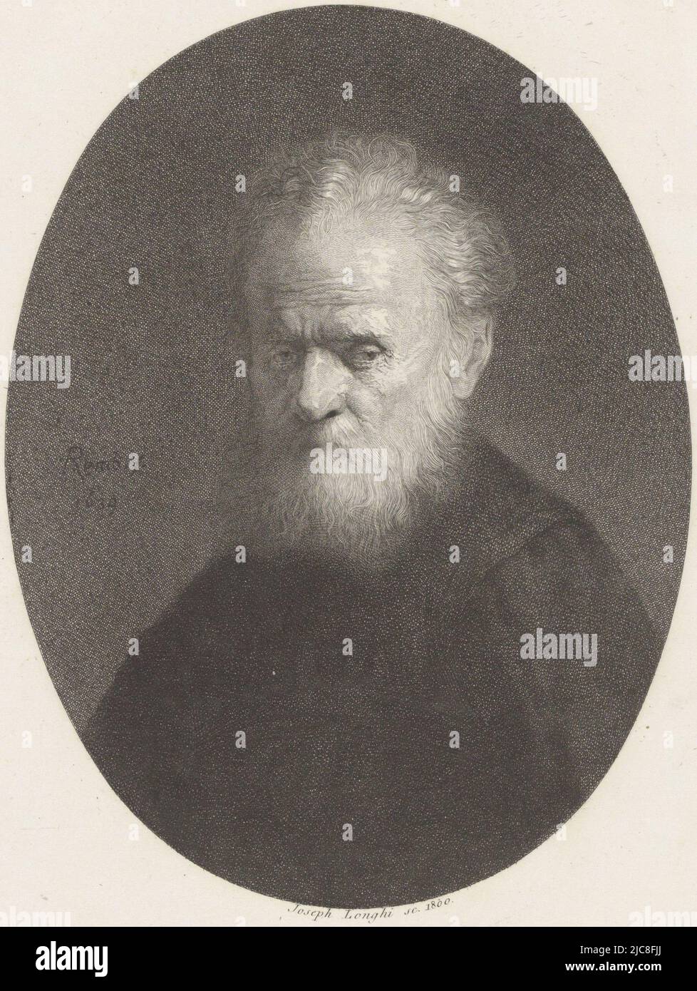 Alter Mann mit Bart, Druckerei: Giuseppe Longhi, (auf Objekt erwähnt), nach: Rembrandt van Rijn, (auf Objekt erwähnt), Italien, 1880, Papier, Ätzung, H 281 mm × B 202 mm Stockfoto