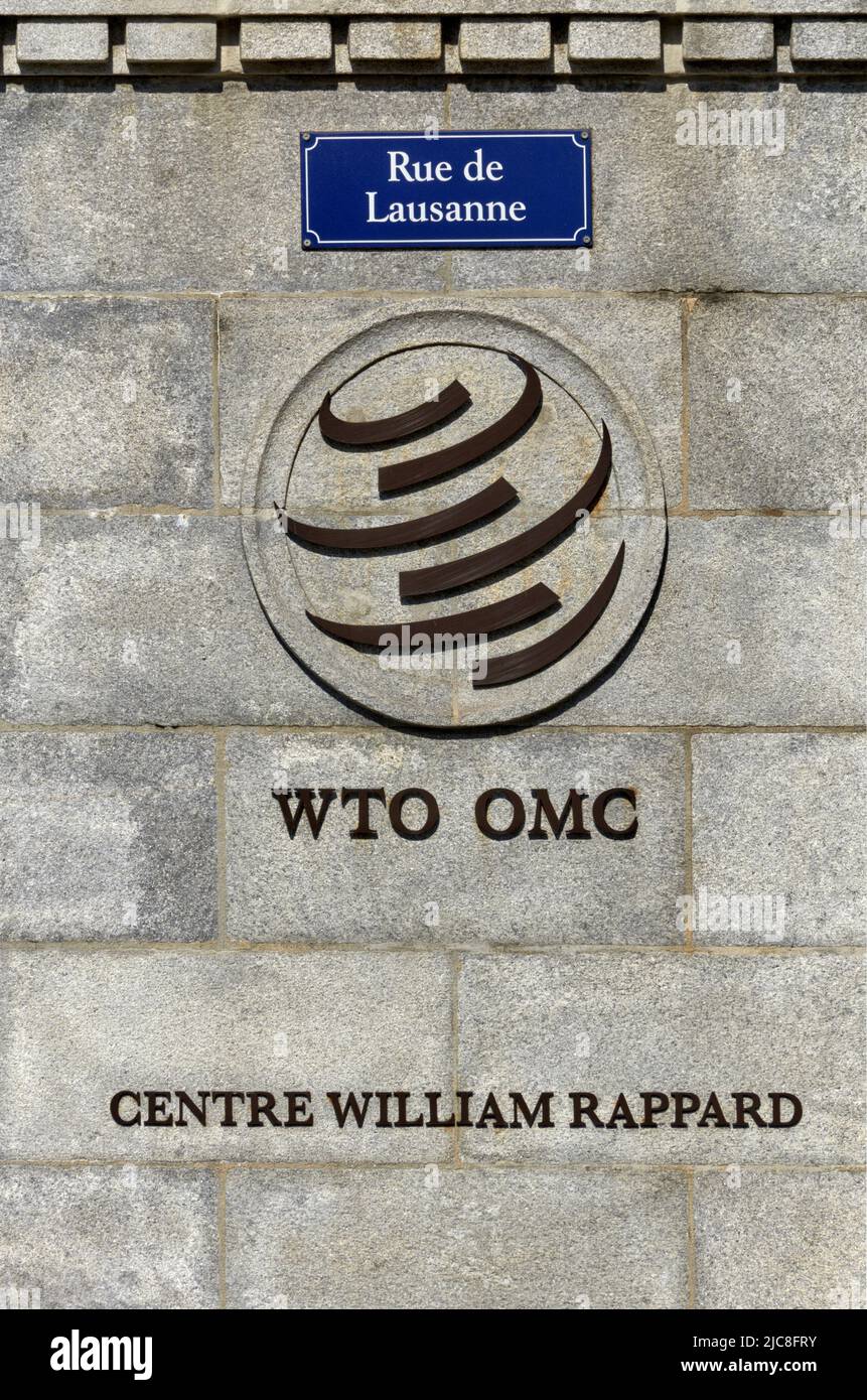 Genf, Schweiz – 30. Mai 2022: zeichen und Logo der Welthandelsorganisation (WTO) (OMC) Stockfoto Genf, Schweiz – 30. Mai 2022: zeichen und Logo der Welthandelsorganisation (WTO) (OMC) Stockfoto