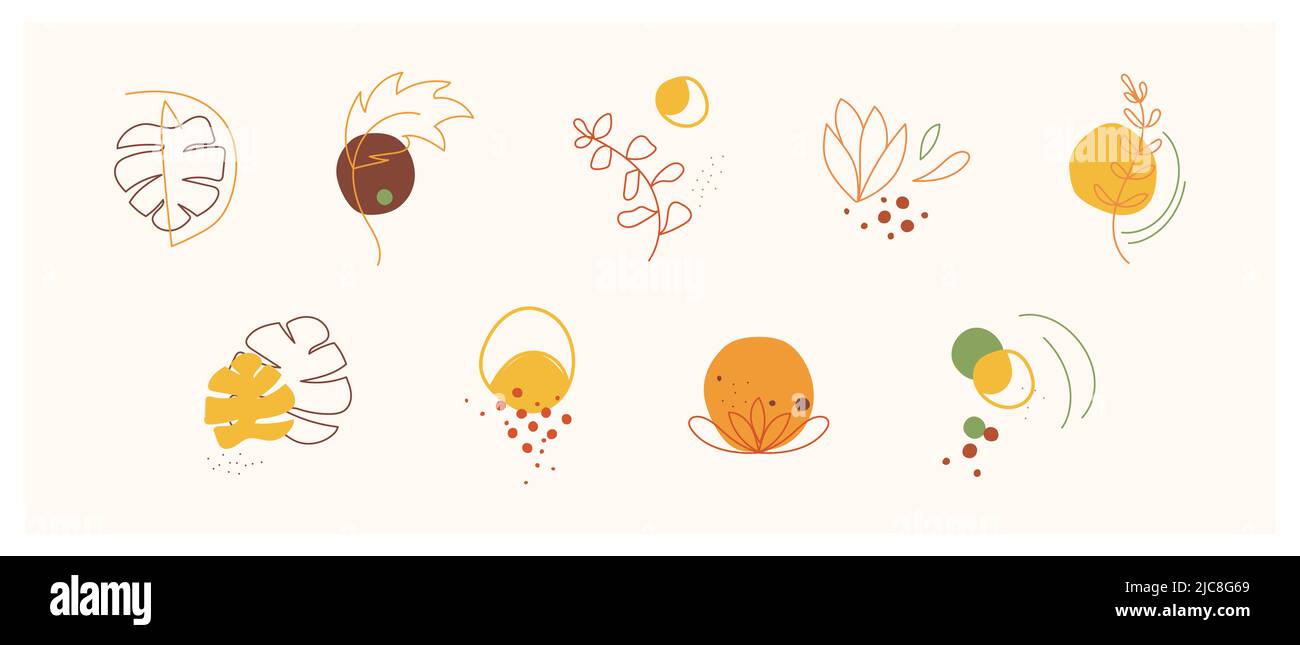 Sammlung von abstrakten Elementen im minimalistischen Stil mit botanischen Elementen. Abstrakte Symbole handgezeichnete Vektorgrafik Stockfoto