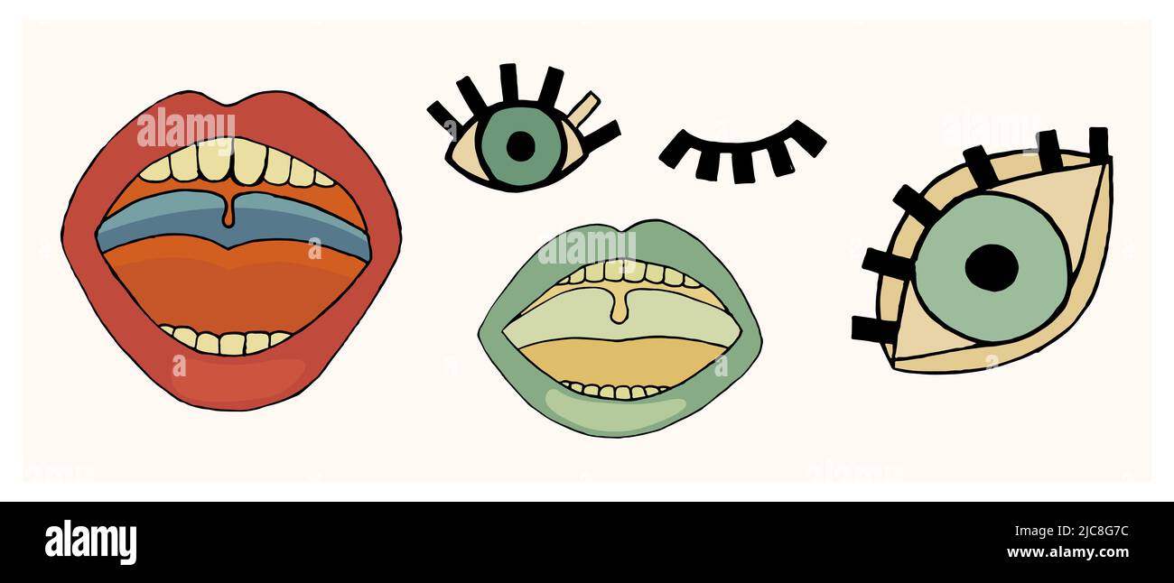 Pop Art Elemente von Augen und Lippen. Modische Comic-Vektor Retro-Illustration Stockfoto