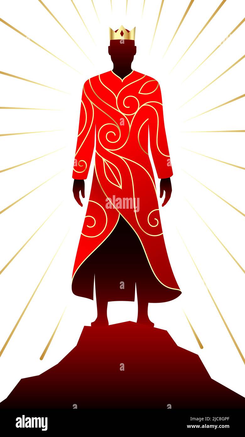 Schwarzer König, der auf einem felsigen Hügel mit einer goldenen Krone und einem ornamental gestickten roten Mantel steht. Schwarzer mythischer Held, Vektordarstellung. Stock Vektor