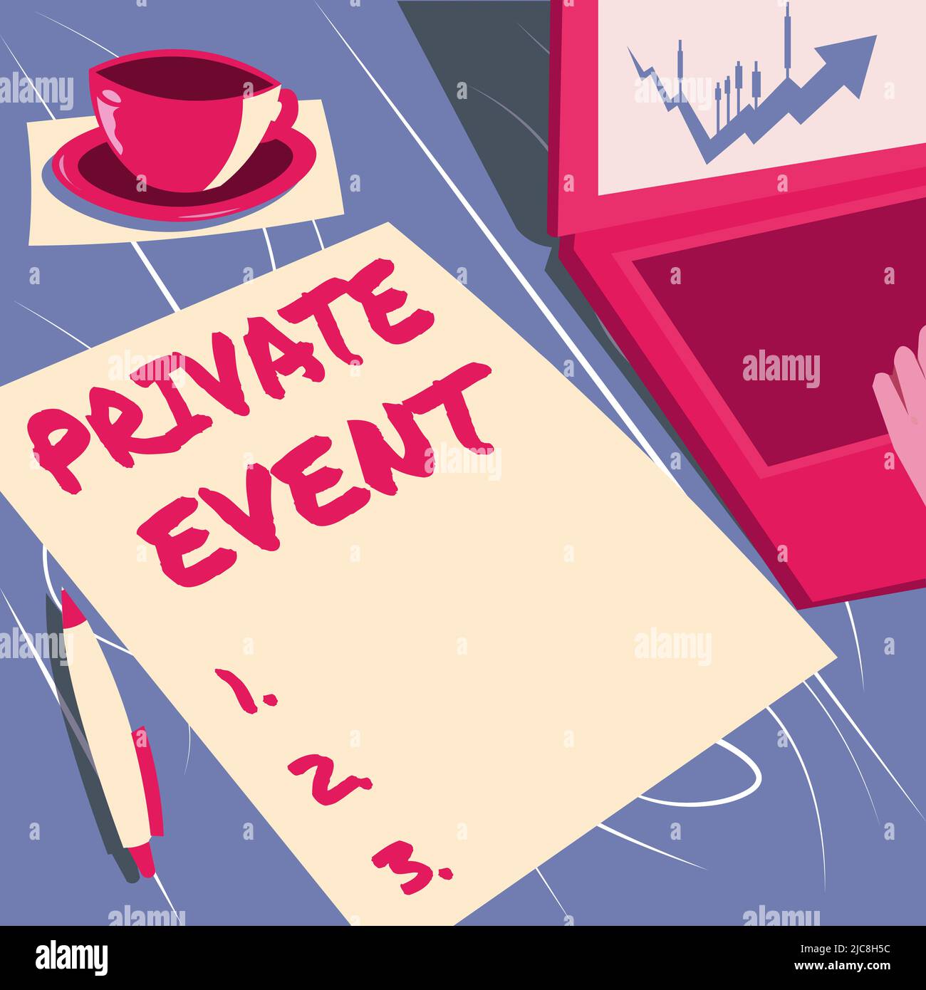 Schreiben mit dem angezeigten Text Private Event. Business Showcase Exklusive Reservierungen RSVP Einladungs-Laptop, der neben einem Kaffeebecher und einem Plain sitzt Stockfoto
