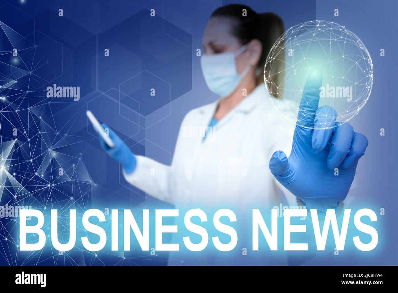 Text mit Inspiration Business News. Geschäftsidee kommerzielle Mitteilung Handelsbericht Marktaktualisierung Corporate Insight Krankenschwester in Uniform zeigt nach oben Stockfoto