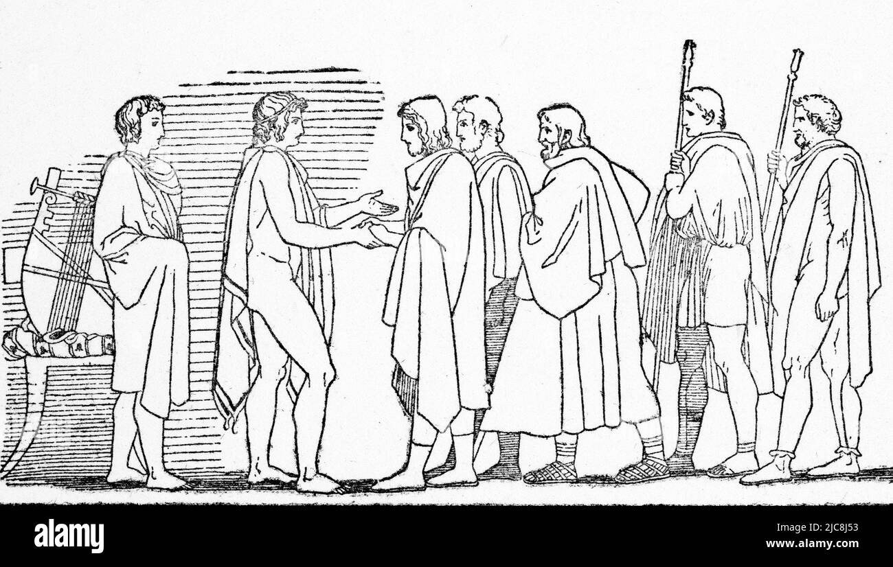 Die Botschaft in Achilles, c1792. Von John Flaxman (1755-1826). Eine Illustration aus der Ilias. Die Ilias ist ein altgriechisches Epos in daktylic hexameter, das traditionell Homer zugeschrieben wird. Stockfoto