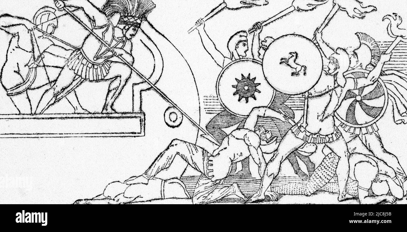 Ajax verteidigt die griechischen Schiffe gegen die Trojaner, c1792. Von John Flaxman (1755-1826). Ajax ist ein griechischer mythologischer Held, der Sohn von König Telamon und Periboea und der Halbbruder von Teucer. Er spielt eine wichtige Rolle in Homers Ilias und in The Epic Cycle, einer Reihe epischer Gedichte über den Trojanischen Krieg. Die Ilias ist ein altgriechisches Epos in daktylic hexameter, das traditionell Homer zugeschrieben wird. Stockfoto