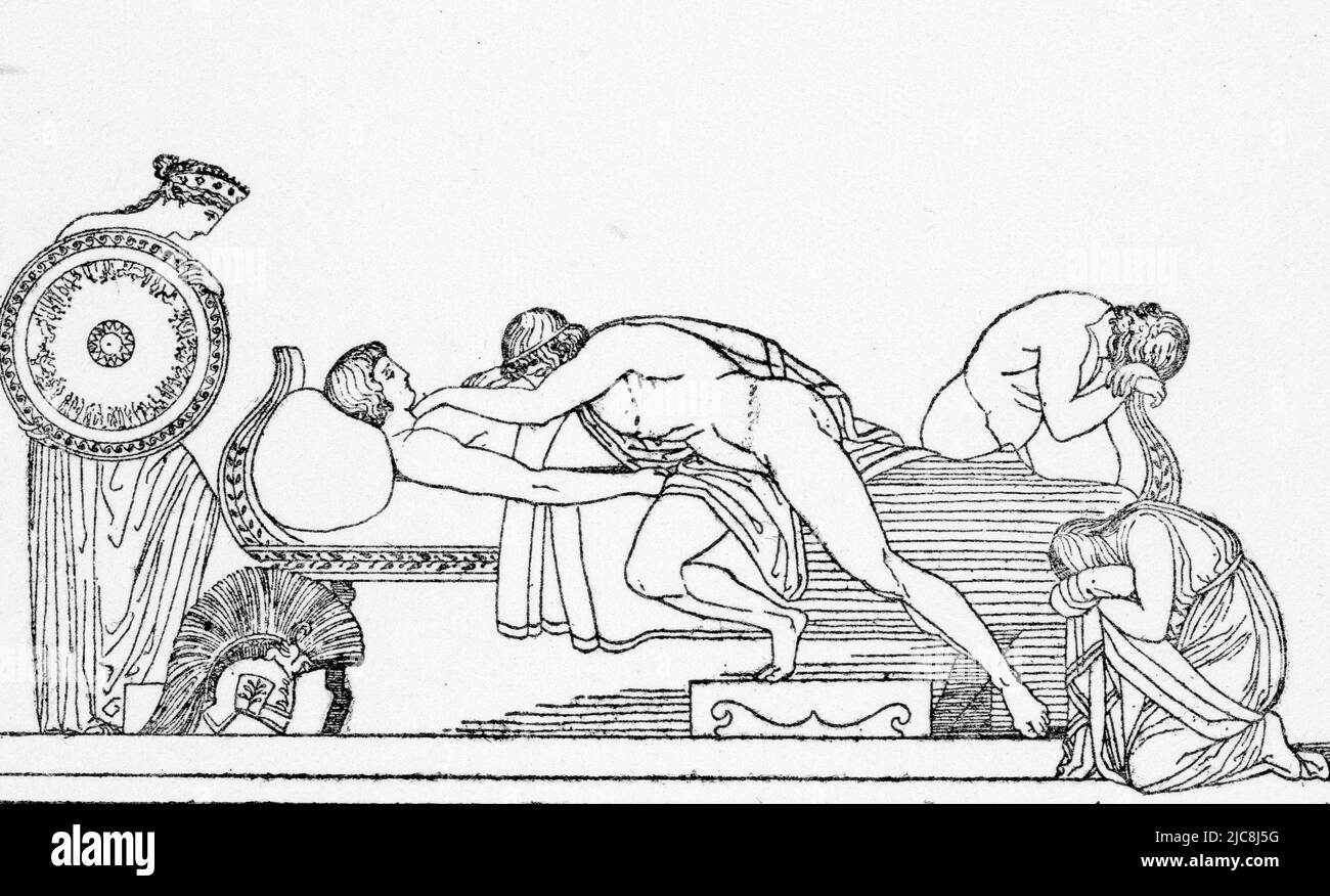 Thetis bringt die Rüstung zu Achilles, c1792. Von John Flaxman (1755-1826). Im Trojanischen Krieg wurde Patroclus von Hector getötet, während er Achilles Rüstung trug. Thetis, die Mutter von Achilles, überredete Vulcan, eine neue Rüstung für ihren Sohn zu schmieden, und in diesem Kleid rächte er seinen Freund und tötete Hector. Die Ilias ist ein altgriechisches Epos in daktylic hexameter, das traditionell Homer zugeschrieben wird. Stockfoto
