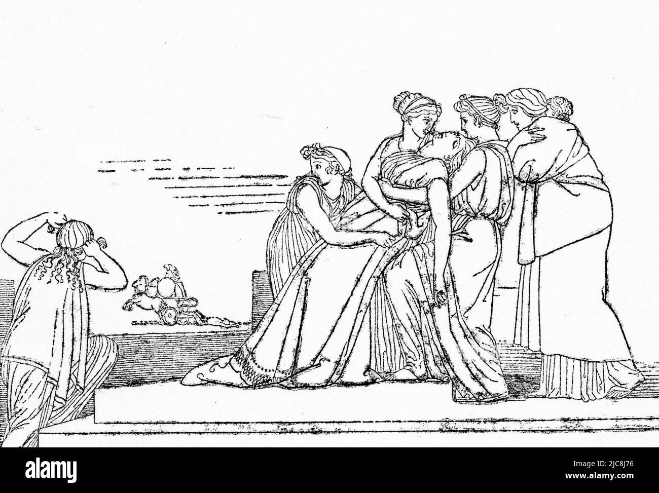 Andromache an der Mauer Ohnmacht, c1792. Von John Flaxman (1755-1826). Während des Trojanischen Krieges, nachdem Hector von Achilles getötet und die Stadt von den Griechen eingenommen wurde, informierte der griechische Herold Talthybius Andromache über den Plan, Astyanax, ihren Sohn von Hector, zu töten, indem er ihn von den Stadtmauern warf. Dieser Akt wurde von Neoptolemus ausgeführt, der dann Andromache als Konkubine und Hektors Bruder Helenus als Sklave annahm. Die Ilias ist ein altgriechisches Epos in daktylic hexameter, das traditionell Homer zugeschrieben wird. Stockfoto