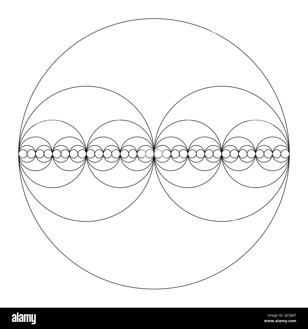 Kreise bilden eine binäre Sequenz. Kreise, halbiert in Durchmessern, zeigen die Macht der zwei, die Exponentiation mit der Nummer zwei. Stockfoto