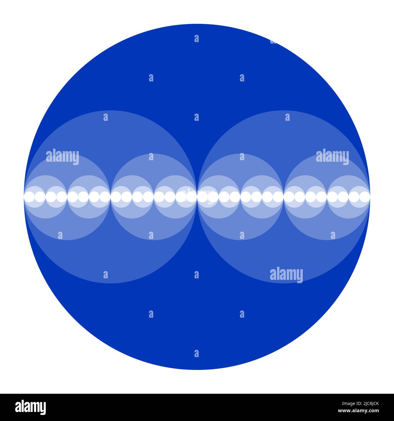 Blaue Kreise bilden eine binäre Sequenz. Kreise halbierten sich in Durchmessern und zeigten die Macht der zwei, die Exponentiation mit der zweiten. Stockfoto