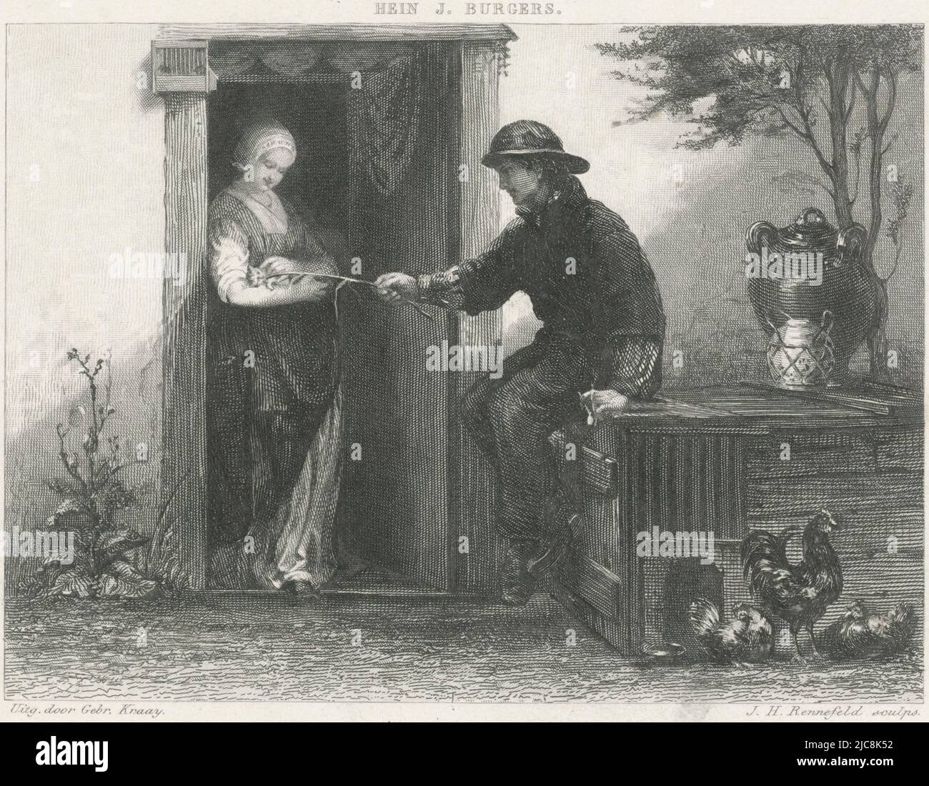 In einer Tür steht eine junge Frau mit einem Kätzchen auf ihrem Arm. Neben der Tür sitzt ein junger Mann auf einem Hühnerstall, vor dem sich ein Hahn und zwei Hühner befinden. Der Mann hält einen Grashalm in der Nähe des Kätzchens und raucht eine Pfeife. Frau und Mann mit einem jungen Kätzchen Castalia, Druckerei: Johann Heinrich Maria Hubert Rennefeld, (auf Objekt erwähnt), Hein Burgers, (auf Objekt erwähnt), Verleger: Gebroeders Kraay, (Auf Objekt erwähnt), Amsterdam, 1867, Papier, Radierung, Gravur, H 106 mm × B 168 mm Stockfoto
