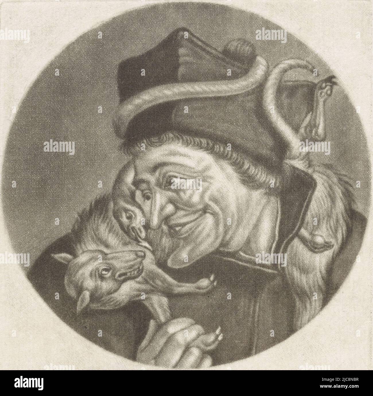 Der Schlaue Geistliche. An seinem Hals ein Fuchs und eine Schlange, beide Symbole der List. Der Druck ist Teil einer Serie mit Karikaturen des französischen Klerus unter Ludwig XIV., des Geistlichen mit einer Schlange und einem Fuchs La Finesse-Karikaturen über den französischen Klerus unter Ludwig XIV., (B) Renversement de la Moral Chr, Druckerei: Jacob Gole, Cornelis Dusart, 1670 - 1724 und/oder 1693 - 1700, Papier, Gravur, H 115 mm × B 90 mm Stockfoto