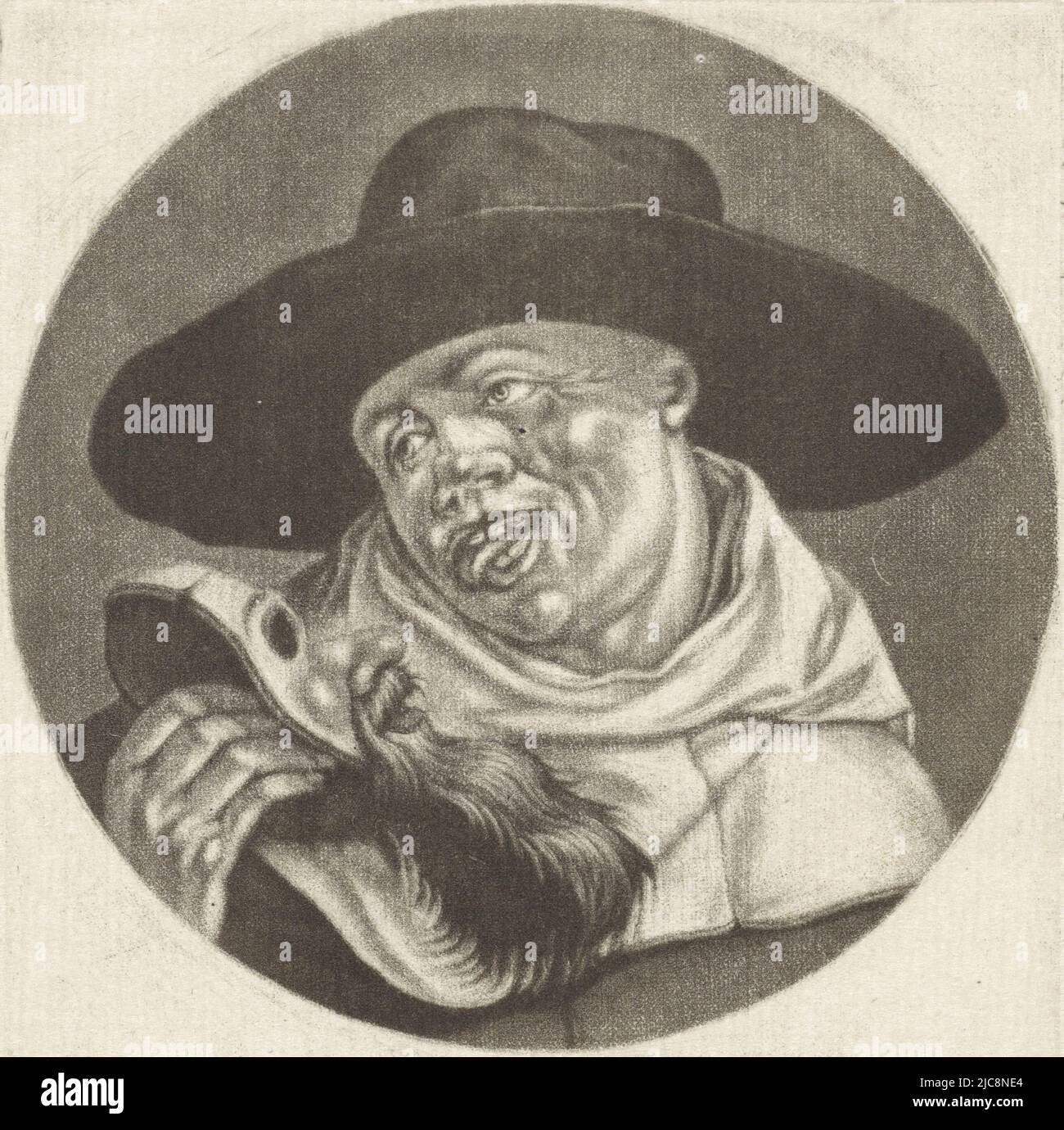 Der hinterlistige Mönch. Er streckt seine Zunge aus und hat eine Maske in der Hand. Der Druck ist Teil einer Serie mit Karikaturen des französischen Klerus unter Ludwig XIV. Pfarrer mit Maske Le Fourbe Karikaturen über den französischen Klerus unter Ludwig XIV., (B) Renversement de la Moral Chr, Druckerei: Jacob Gole, Cornelis Dusart, 1670 - 1724 und/oder 1693 - 1700, Papier, Gravur, H 115 mm × B 90 mm Stockfoto