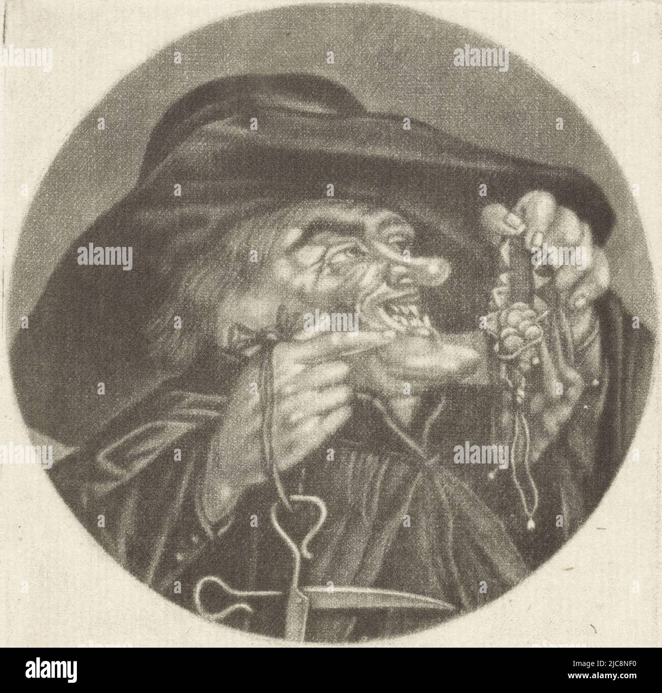 Der cleverer Geistliche. In den Händen hält er einen Geldbeutel und eine Schere. Der Druck ist Teil einer Serie mit Karikaturen des französischen Klerus unter Ludwig XIV., Geistlicher mit Geldbeutel l'Adroit Karikaturen über den französischen Klerus unter Ludwig XIV., (B) Renversement de la Moral Chr, Druckerei: Jacob Gole, Cornelis Dusart, 1670 - 1724 und/oder 1693 - 1700, Papier, Gravur, H 115 mm × B 90 mm Stockfoto