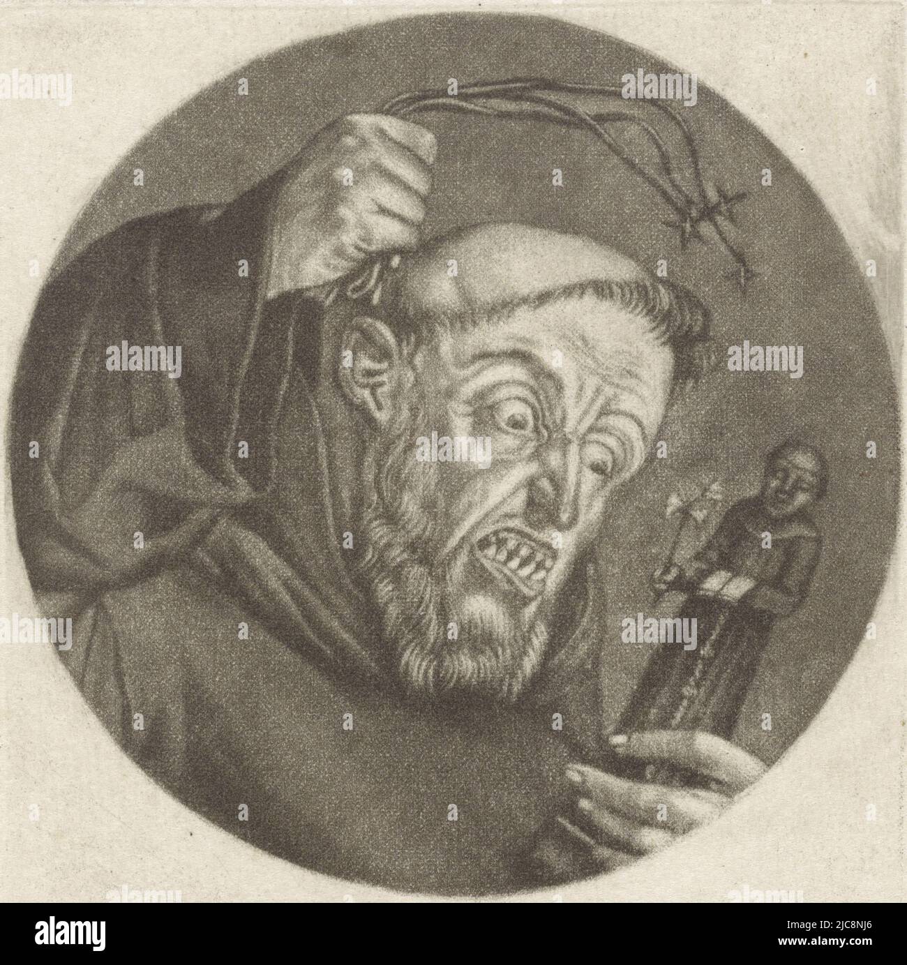 Ein portugiesischer Mönch geißelt eine Statue des Antonius von Padua. Der Druck ist Teil einer Serie mit Karikaturen des französischen Klerus unter Ludwig XIV., des Mönchs mit einer Geißel Le Pere Portugais Karikaturen über den französischen Klerus unter Ludwig XIV., (B) Renversement de la Moral Chr, Druckerei: Jacob Gole, Cornelis Dusart, 1670 - 1724 und/oder 1693 - 1700, Papier, Gravur, H 115 mm × B 90 mm Stockfoto