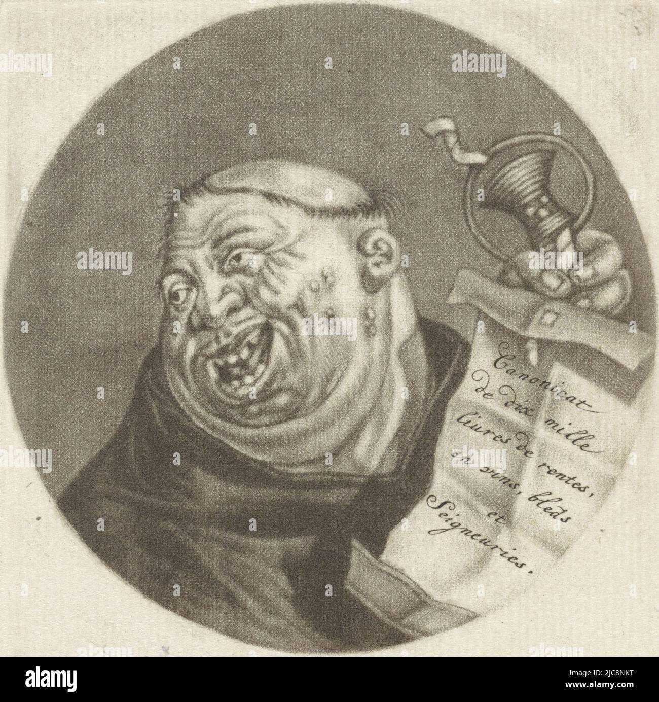 Karikatur auf Simonie. Ein Mönch präsentiert eine Papierrolle, auf der seine kanonische Erklärung geschrieben ist. Der Druck ist Teil einer Serie mit Karikaturen des französischen Klerus unter Ludwig XIV., Monk mit einer Papierrolle La Simonie Karikaturen über den französischen Klerus unter Ludwig XIV., (B) Renversement de la Moral Chr, Druckerei: Jacob Gole, Cornelis Dusart, 1670 - 1724 und/oder 1693 - 1700, Papier, Gravur, H 115 mm × B 90 mm Stockfoto