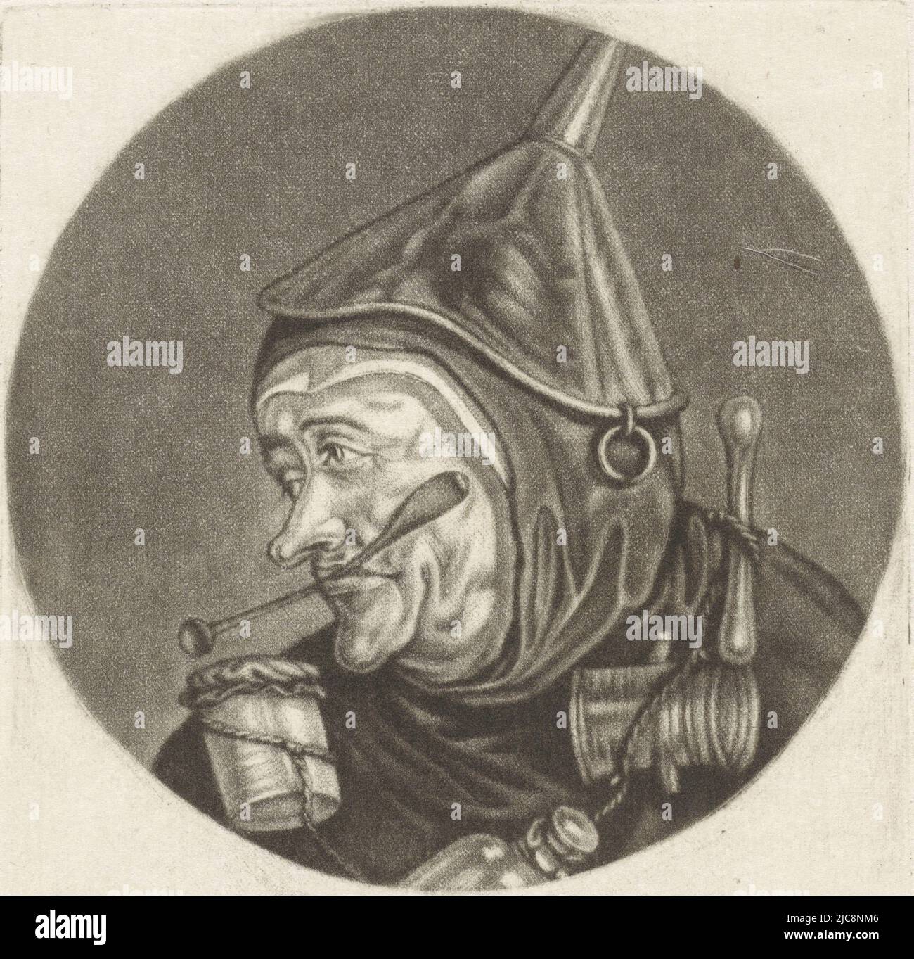 Ein Mönch als Apotheker. Um seinen Hals eine Schnur von Apothekenutensilien. Der Druck ist Teil einer Serie mit Karikaturen des französischen Klerus unter Ludwig XIV., Monk with Apothecary's Tools Le Frere Apoticaire Karikaturen über den französischen Klerus unter Ludwig XIV., (B) Renversement de la Moral Chr, Druckerei: Jacob Gole, Cornelis Dusart, 1670 - 1724 und/oder 1693 - 1700, Papier, Gravur, H 115 mm × B 90 mm Stockfoto