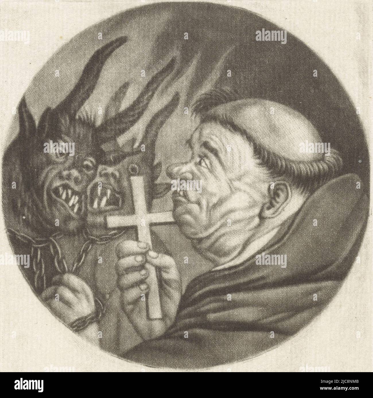 Ein Mönch hat zwei Teufel an einer Kette und hält ihnen ein Kreuz. Der Druck ist Teil einer Serie mit Karikaturen des französischen Klerus unter Ludwig XIV., Mönch mit Teufeln Le Pere Michel Karikaturen über den französischen Klerus unter Ludwig XIV., (B) Renversement de la Moral Chr, Druckerei: Jacob Gole, Cornelis Dusart, 1670 - 1724 und/oder 1693 - 1700, Papier, Gravur, H 115 mm × B 90 mm Stockfoto