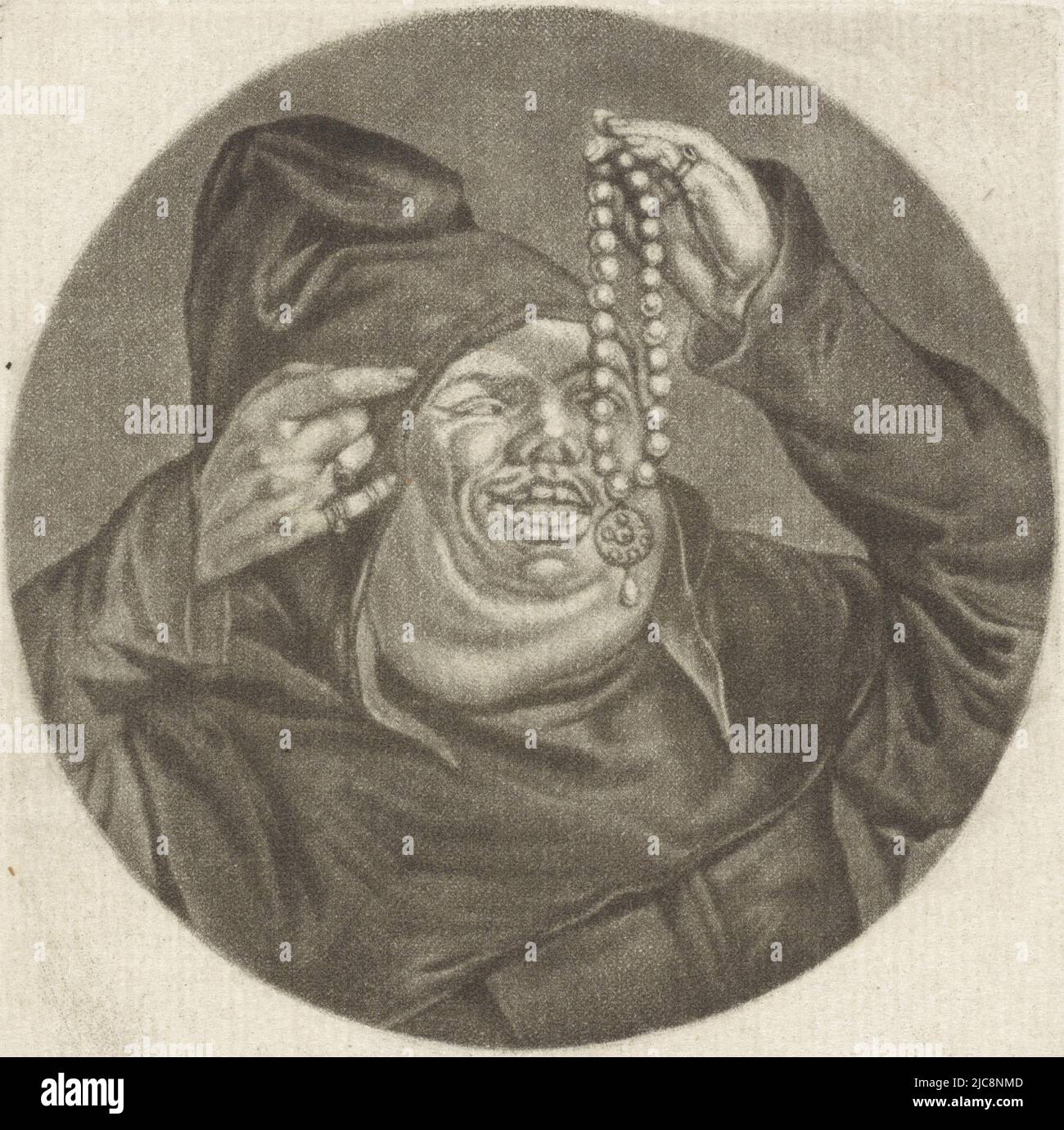 Ein Mönch als Heiler. Er hat eine Perlenkette in der Hand und klingelt um seine Finger. Der Druck ist Teil einer Serie mit Karikaturen des französischen Klerus unter Ludwig XIV., Mönch mit Perlenkette Le Receleur Karikaturen über den französischen Klerus unter Ludwig XIV.,' (B) Renversement de la Moral Chr, Druckerei: Jacob Gole, Cornelis Dusart, 1670 - 1724 und/oder 1693 - 1700, Papier, Gravur, H 115 mm × B 90 mm Stockfoto