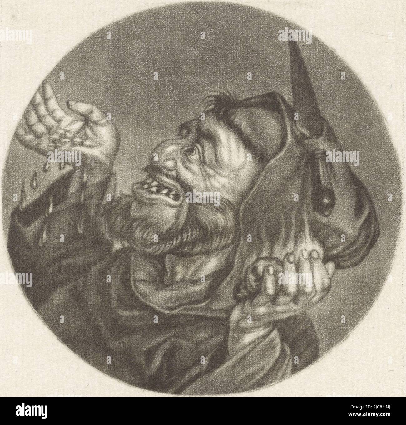 Ein rebellischer Mönch mit einem Messer in seiner Kapuze und Feuer in der einen Hand und Wasser in der anderen. Der Druck ist Teil einer Serie mit Karikaturen des französischen Klerus unter Ludwig XIV., Mönch mit Feuer und Wasser Le Seditieux Karikaturen über den französischen Klerus unter Ludwig XIV., (B) Renversement de la Moral Chr, Druckerei: Jacob Gole, Cornelis Dusart, 1670 - 1724 und/oder 1693 - 1700, Papier, Gravur, H 115 mm × B 90 mm Stockfoto