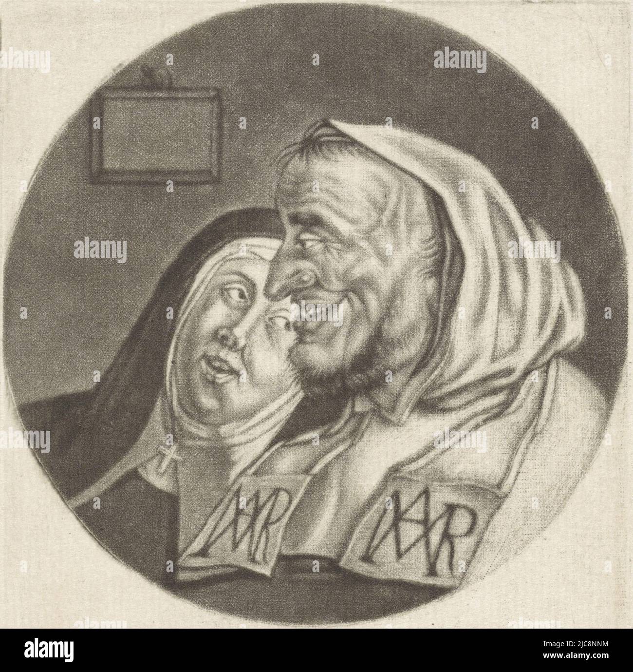 Eine Nonne gesteht einem Mönch. Der Druck ist Teil einer Serie mit Karikaturen des französischen Klerus unter Ludwig XIV. Die Konfession La Confession Karikaturen über den französischen Klerus unter Ludwig XIV., (B) Renversement de la Moral Chr, Druckerei: Jacob Gole, Zeichner: Cornelis Dusart, 1670 - 1724 und/oder 1693 - 1700, Papier, Gravur, H 115 mm × B 90 mm Stockfoto