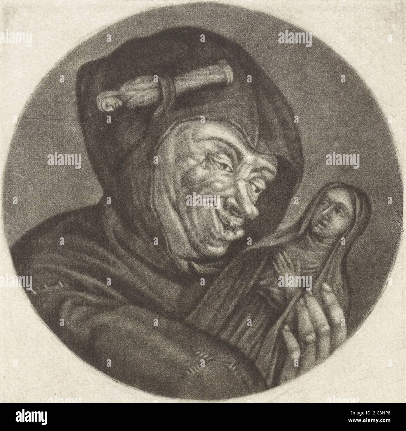 Ein Mönch verehrt ein Bild von Maria. Der Druck ist Teil einer Serie mit Karikaturen des französischen Klerus unter Ludwig XIV. Mönch mit einem Bild von Mary l'Idolatrie-Karikaturen über den französischen Klerus unter Ludwig XIV., (B) Renversement de la Moral Chr, Druckerei: Jacob Gole, Cornelis Dusart, 1670 - 1724 und/oder 1693 - 1700, Papier, Gravur, H 115 mm × B 90 mm Stockfoto