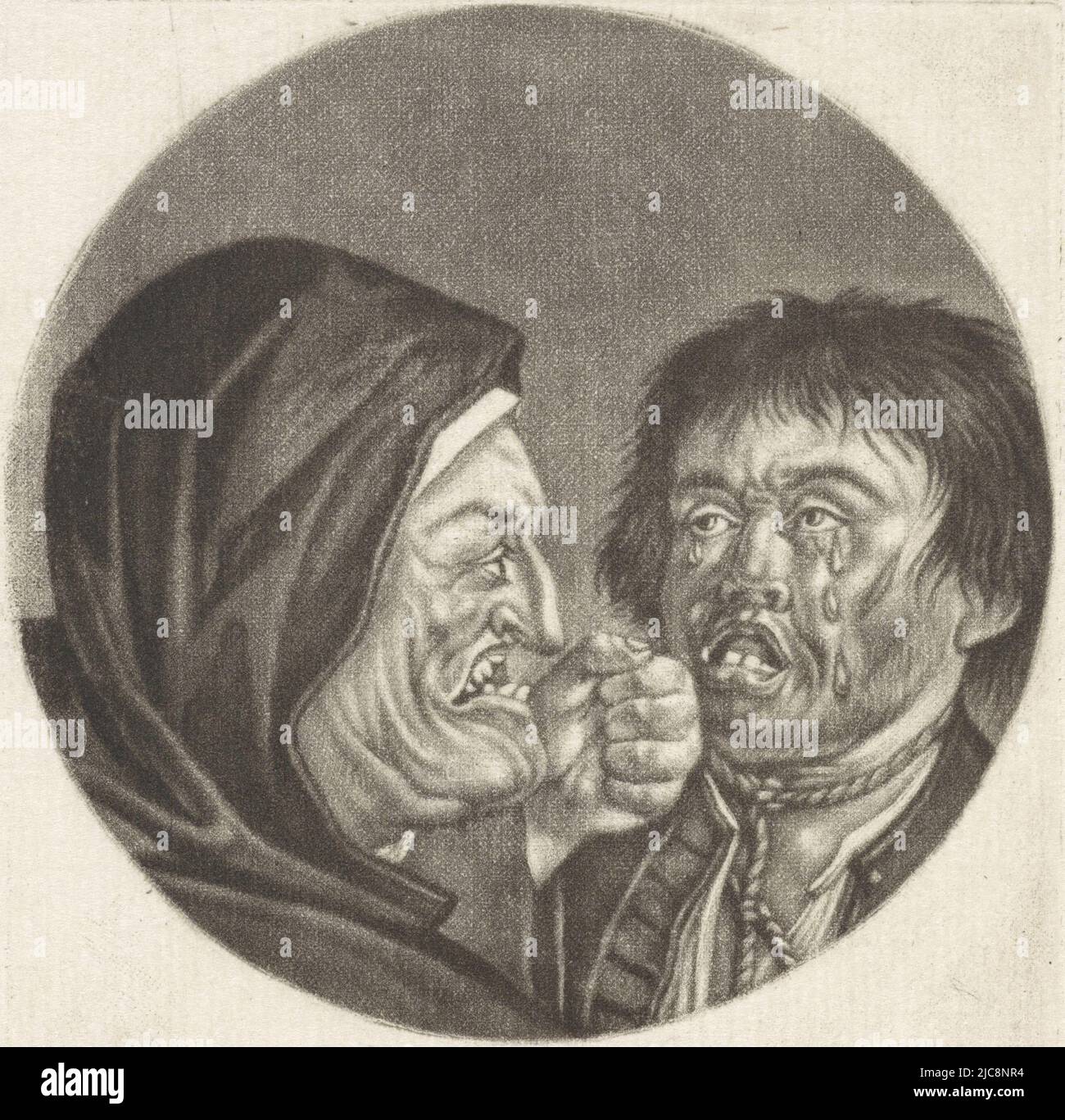 Ein unerbittlicher Mönch zeigt einem weinenden Mann seine Fäuste. Der Druck ist Teil einer Serie mit Karikaturen des französischen Klerus unter Ludwig XIV. Mönch und ein weinender Mann, die unerbittlichen Karikaturen über den französischen Klerus unter Ludwig XIV., (B) Renversement de la Moral Chr, Druckerei: Jacob Gole, Cornelis Dusart, 1670 - 1724 und/oder 1693 - 1700, Papier, Gravur, H 115 mm × B 90 mm Stockfoto