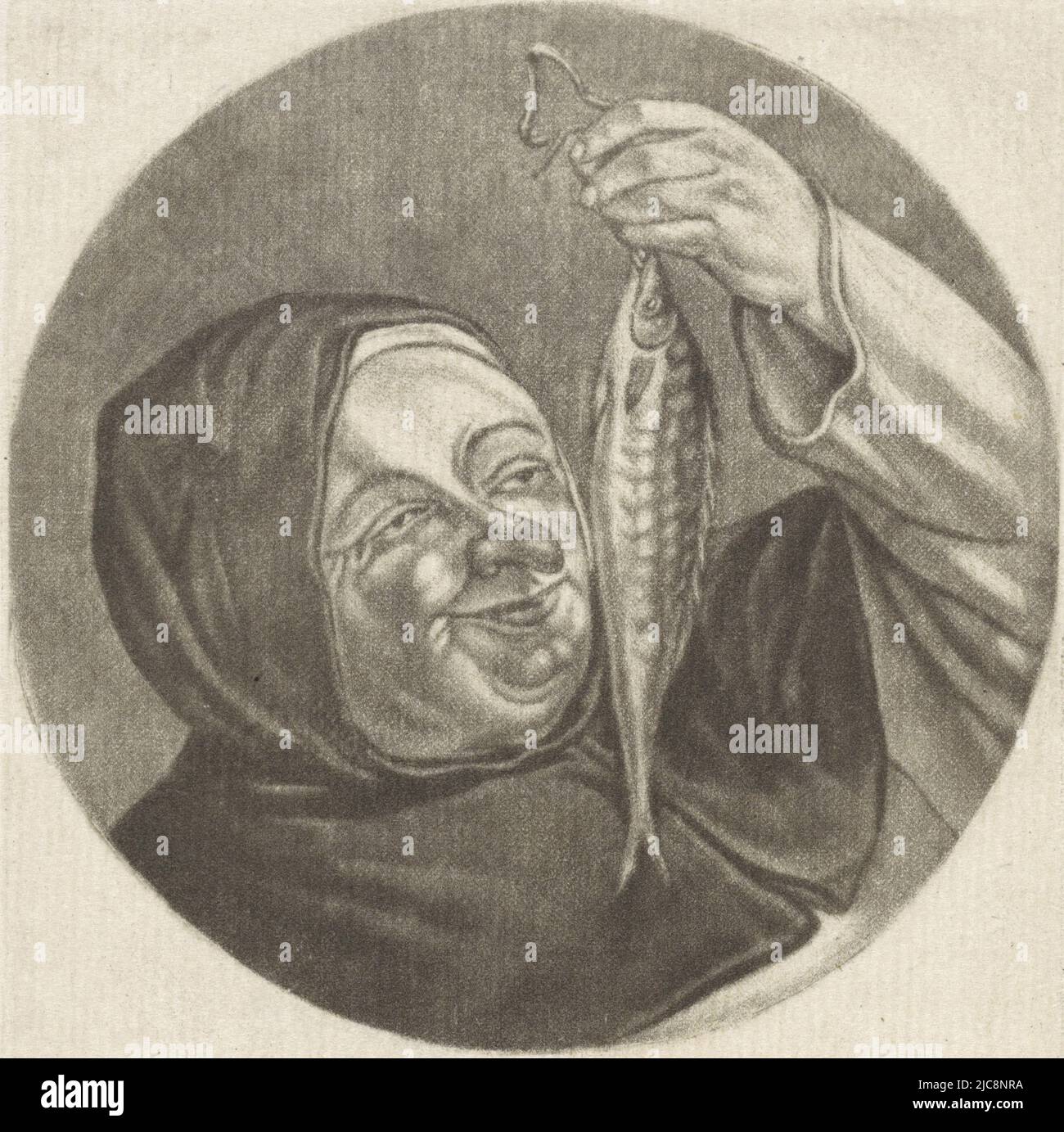 Ein Mönch hält eine Makrele vor seine Nase. Der Druck ist Teil einer Serie mit Karikaturen des französischen Klerus unter Ludwig XIV. Mönch mit Makrele Le Maquereau Karikaturen über den französischen Klerus unter Ludwig XIV., (B) Renversement de la Moral Chr, Druckerei: Jacob Gole, intermediärer Zeichner: Cornelis Dusart, 1670 - 1724 und/oder 1693 - 1700, Papier, Gravur, H 115 mm × B 90 mm Stockfoto