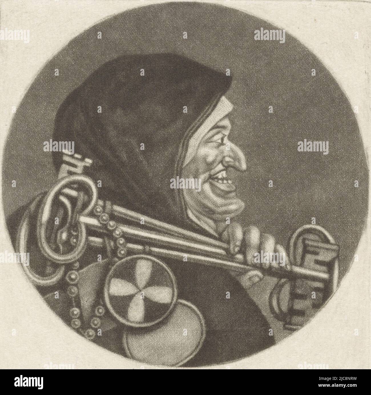 Ein Mönch mit drei großen Schlüsseln. Der Druck ist Teil einer Serie mit Karikaturen des französischen Klerus unter Ludwig XIV. Mönch mit Schlüsseln Le Pere Pierre Karikaturen über den französischen Klerus unter Ludwig XIV., (B) Renversement de la Moral Chr, Druckerei: Jacob Gole, Cornelis Dusart, 1670 - 1724 und/oder 1693 - 1700, Papier, Gravur, H 115 mm × B 90 mm Stockfoto