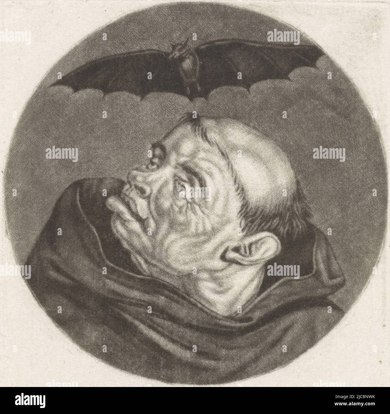 Eine Fledermaus fliegt über den Kopf eines Mönchs. Der Druck ist Teil einer Serie mit Karikaturen des französischen Klerus unter Ludwig XIV. Monk and a bat l'Ignorance Karikaturen über den französischen Klerus unter Ludwig XIV., (B) Renversement de la Moral Chr, Druckerei: Jacob Gole, Cornelis Dusart, 1670 - 1724 und/oder 1693 - 1700, Papier, Gravur, H 115 mm × B 90 mm Stockfoto