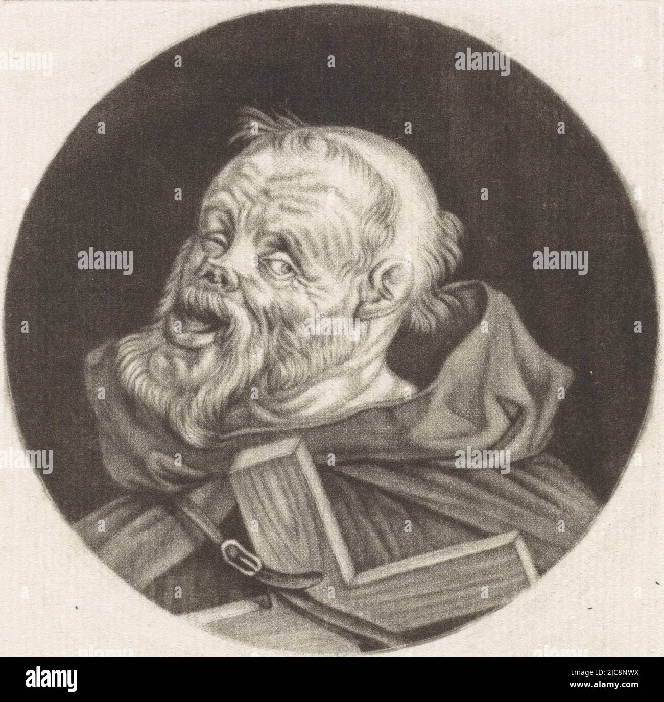 Ein Mönch mit einem Kreuz auf der Brust. Der Druck ist Teil einer Serie mit Karikaturen des französischen Klerus unter Ludwig XIV. Mönch mit Kreuz Le Beat Karikaturen über den französischen Klerus unter Ludwig XIV., (B) Renversement de la Moral Chr, Druckerei: Jacob Gole, Cornelis Dusart, 1670 - 1724 und/oder 1693 - 1700, Papier, Gravur, H 115 mm × B 90 mm Stockfoto