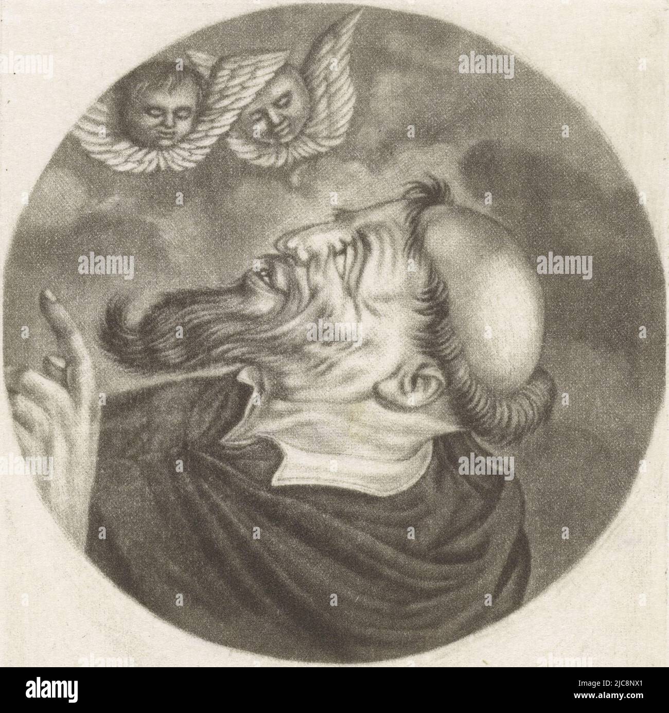 Ein Mönch sieht zwei Engel an. Der Druck ist Teil einer Serie mit Karikaturen des französischen Klerus unter Ludwig XIV., Mönch mit Engeln Le Pere Ange Karikaturen über den französischen Klerus unter Ludwig XIV., (B) Renversement de la Moral Chr, Druckerei: Jacob Gole, Cornelis Dusart, 1670 - 1724 und/oder 1693 - 1700, Papier, Gravur, H 115 mm × B 90 mm Stockfoto