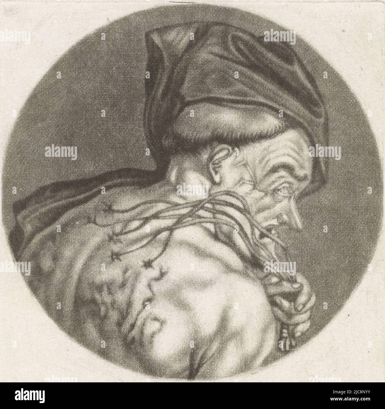 Ein Mönch quält sich mit einer Geißel. Der Druck ist Teil einer Serie mit Karikaturen des französischen Klerus unter Ludwig XIV., Ein Mönch geißelt sich La Superstition Karikaturen über den französischen Klerus unter Ludwig XIV., (B) Renversement de la Moral Chr, Druckerei: Jacob Gole, Cornelis Dusart, 1670 - 1724 und/oder 1693 - 1700, Papier, Gravur, H 115 mm × B 90 mm Stockfoto