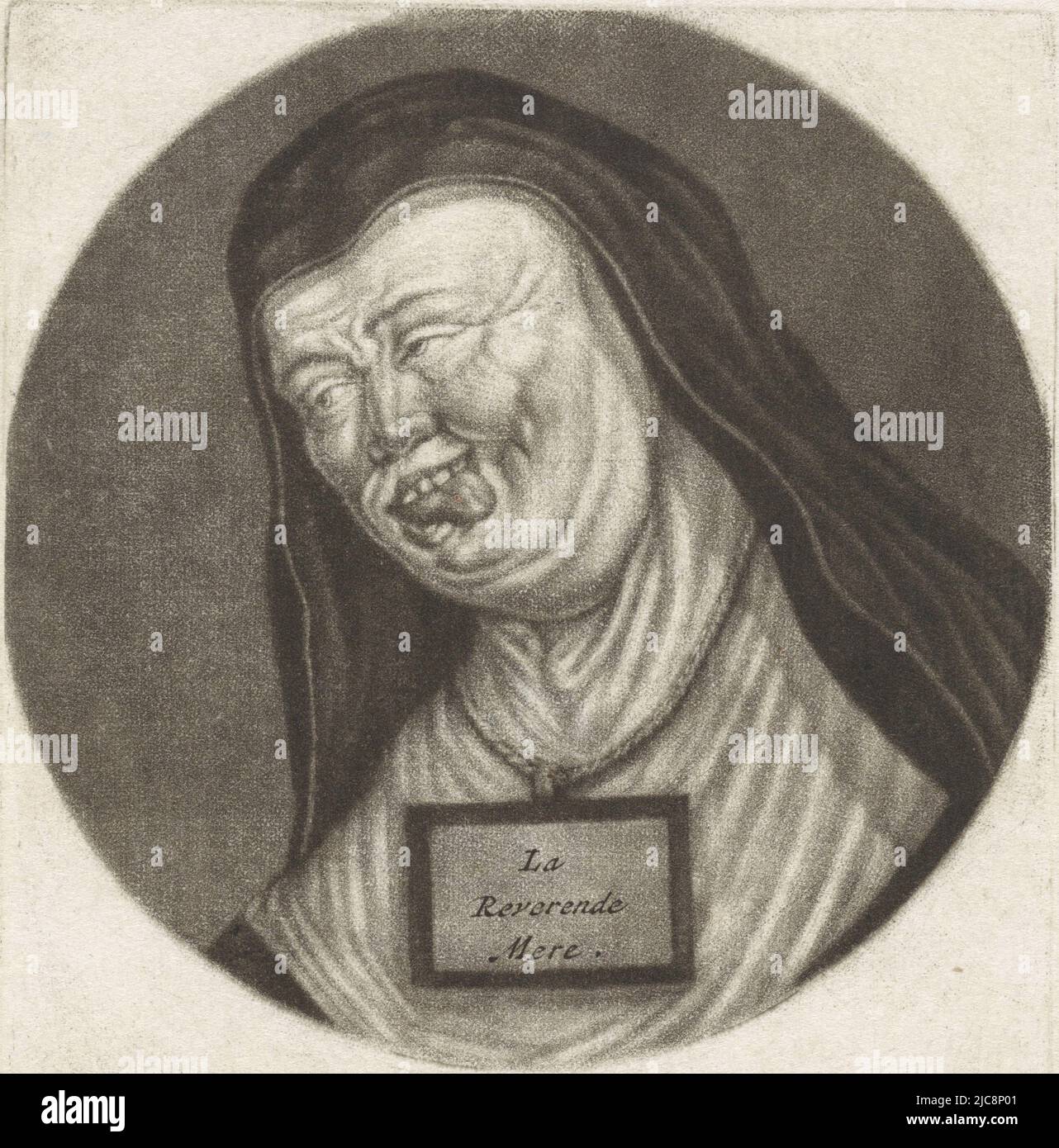 Eine Nonne hat ihre Zunge herausgestreckt. Um den Hals trägt sie eine Kordel mit einem Schild mit der Aufschrift „La Reverende Mere“. Der Druck ist einer von einer Serie von Karikaturen des französischen Klerus unter Ludwig XIV., nun mit Zunge, die aus La Religieuse Karikaturen über den französischen Klerus unter Ludwig XIV. Herausragt, (B) Renversement de la Moral Chr, Druckerei: Jacob Gole, Cornelis Dusart, 1670 - 1724 und/oder 1693 - 1700, Papier, Gravur, H 115 mm × B 90 mm Stockfoto