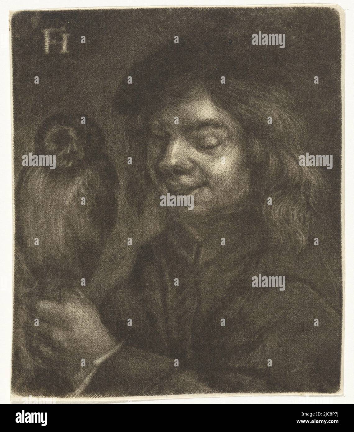 Junge mit Eule, Druckerei: Johannes de Groot (II), Frans Hals, (möglicherweise), Nordniederland, 1698 - 1776, Papier, H 109 mm × B 93 mm Stockfoto