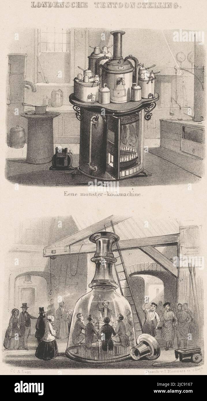 Mehrere Töpfe befinden sich auf einem brennenden Ofen. Eine Gruppe von Männern sitzt unter einem großen Glas Glocke, Sample Cooker und eine Probe Dekanter auf der Weltausstellung in London London Ausstellung , Druckerei: Carel Christiaan Antony Last, (erwähnt auf Objekt), Drucker: P. Blommers (Steendrukkerij van), (erwähnt auf Objekt), Den Haag, 1842 - 1887, Papier, H 275 mm × B 175 mm Stockfoto