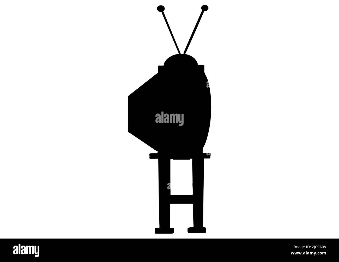Seitenansicht eines schwarzen Retro-fernsehers auf einem hohen Standrahmen, isoliert auf weißem Hintergrund. Media Theme Vektor Illustration für Symbol, Aufkleber Zeichen, Patch, Stock Vektor