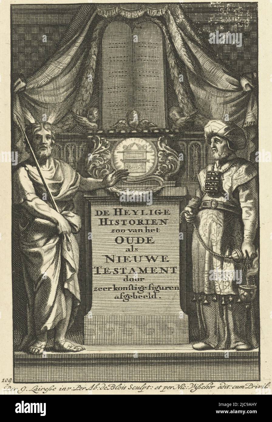 Allegorie des Alten und Neuen Testaments mit Verherrlichung der Gesetzestafeln und der Bundeslade auf einem Sockel. Moses und Aaron als Hohepriester stehen auf beiden Seiten. Allegorie des Alten und Neuen Testaments mit Moses und Aaron Titelseite für: De Heylige Geschichte Zoo van het Oude als Nieuwe Testament, Amsterdam De Heylige Geschichte Zoo van het Oude als Nieuwe Testament , Druckerei: Abraham de Blois, (auf Objekt erwähnt), Gerard de Lairesse, (auf Objekt erwähnt), Herausgeber: Nicolaes Visscher (I), (auf Objekt erwähnt), Amsterdam, 1651 - 1679, Papier, Gravur, H 159 mm × B 108 Stockfoto Allegorie des Alten und Neuen Testaments mit Verherrlichung der Gesetzestafeln und der Bundeslade auf einem Sockel. Moses und Aaron als Hohepriester stehen auf beiden Seiten. Allegorie des Alten und Neuen Testaments mit Moses und Aaron Titelseite für: De Heylige Geschichte Zoo van het Oude als Nieuwe Testament, Amsterdam De Heylige Geschichte Zoo van het Oude als Nieuwe Testament , Druckerei: Abraham de Blois, (auf Objekt erwähnt), Gerard de Lairesse, (auf Objekt erwähnt), Herausgeber: Nicolaes Visscher (I), (auf Objekt erwähnt), Amsterdam, 1651 - 1679, Papier, Gravur, H 159 mm × B 108 Stockfoto