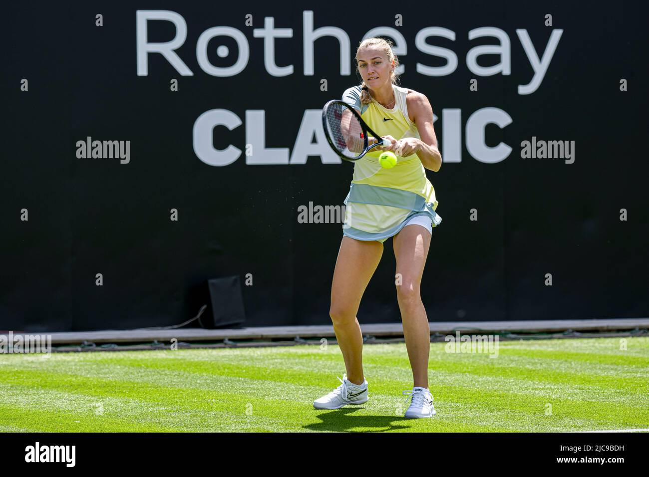 LONDON, GROSSBRITANNIEN. Juni 11, 2022. Greg Russedski (GBR) und Sorana Cirstea (ROU) gegen Marcos Baghdatis (CYP) und Petra Kvitova (ZCE) spielten am Samstag, den 11. Juni 2022, im Edgbaston Priory Club während des Rothesay Classic Birmingham 2022 im Ausstellungsspiel, um sein 40.-jähriges Bestehen zu feiern. Kredit: Taka G Wu/Alamy Live Nachrichten Stockfoto