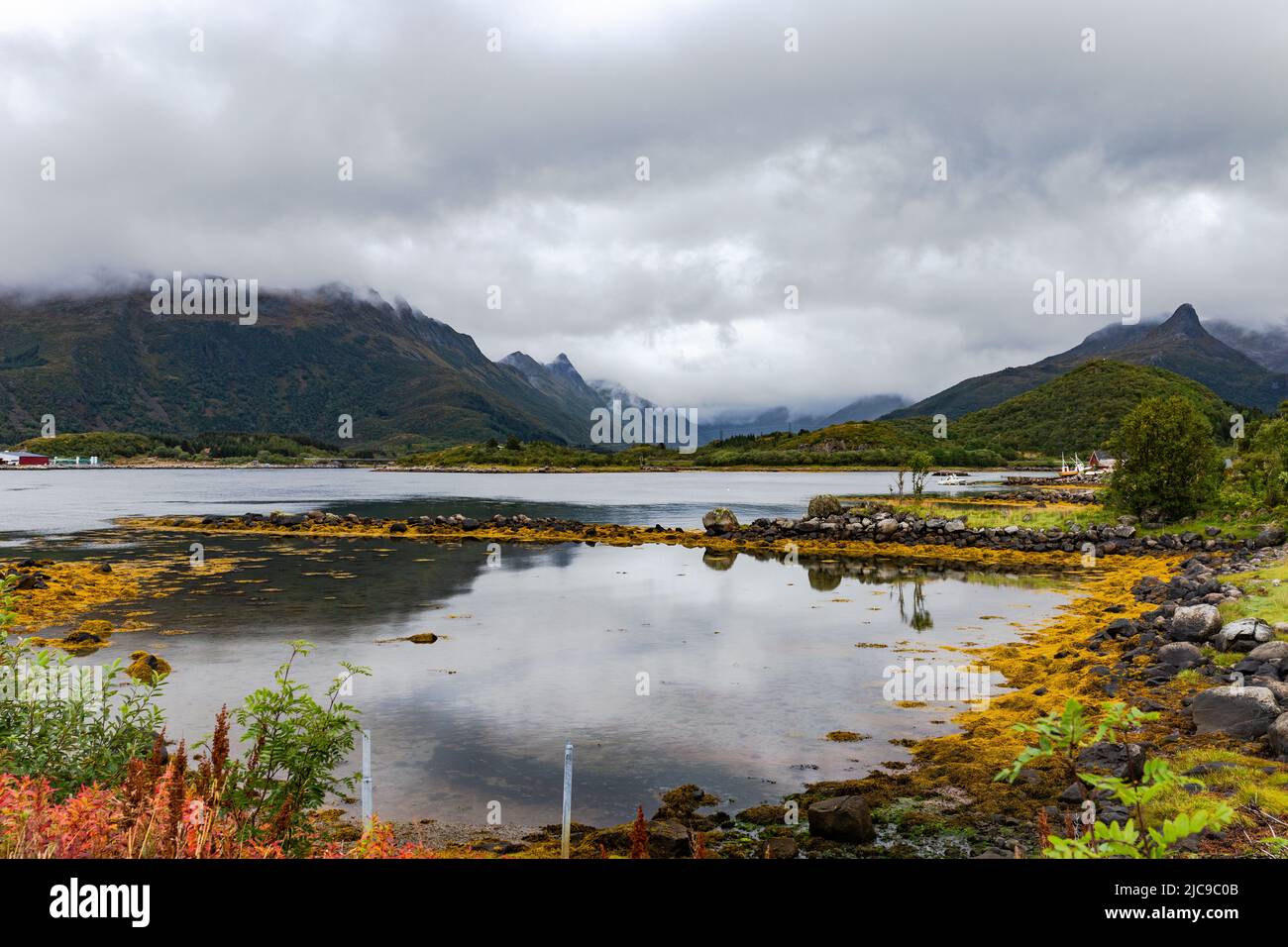 Bunte Lofoten Landschaft mit Reflexionen Stockfoto