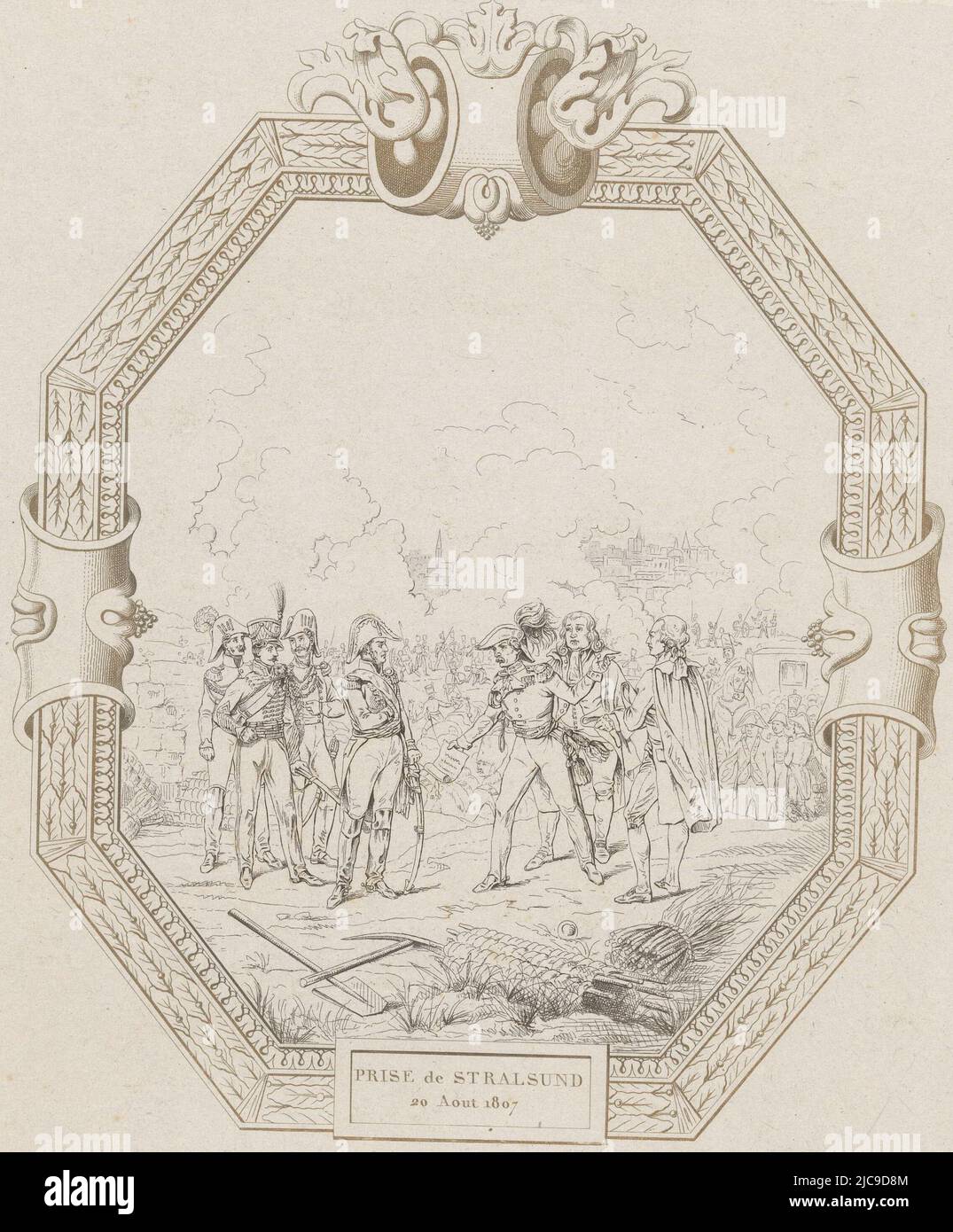 Stralsund wurde von Napoleons Truppen nach einer Belagerung vom 30. Januar bis 24. August 1807 eingenommen. Darstellung der Kapitulation der Stadt in einem ornamentalen achteckigen Rahmen. Nach Lecomtes Gemälde von 1835 in den Galerien Historiques de Versailles, Capture of Stralsund, 1807 Pry de Stralsund 20 Aout 1807 , Druckerei: Charles Gavard, (auf Objekt erwähnt), nach: Hippolyte Lecomte, (auf Objekt erwähnt), Frankreich, 1835 - 1871 Stockfoto