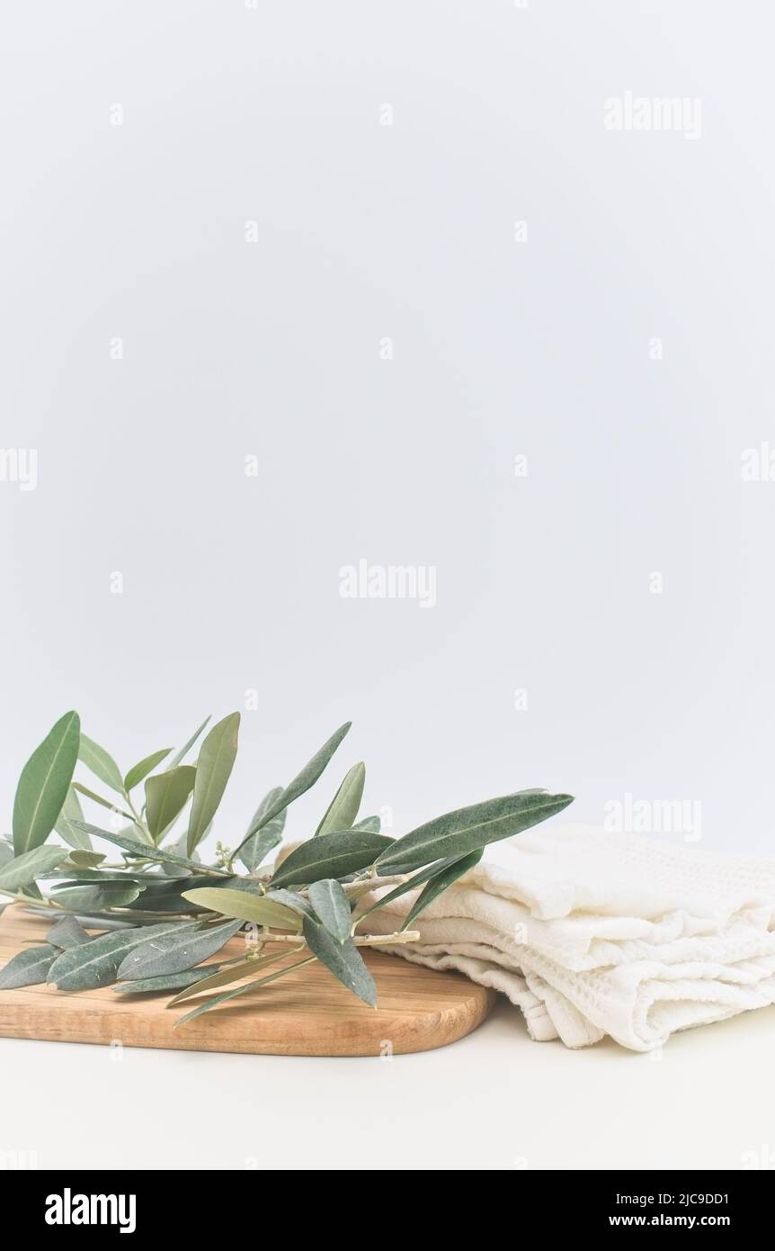 Olivenbaumblätter und Zweige auf einem Holzteller mit weißem Baumwolltuch auf einem hellen Tisch Stockfoto