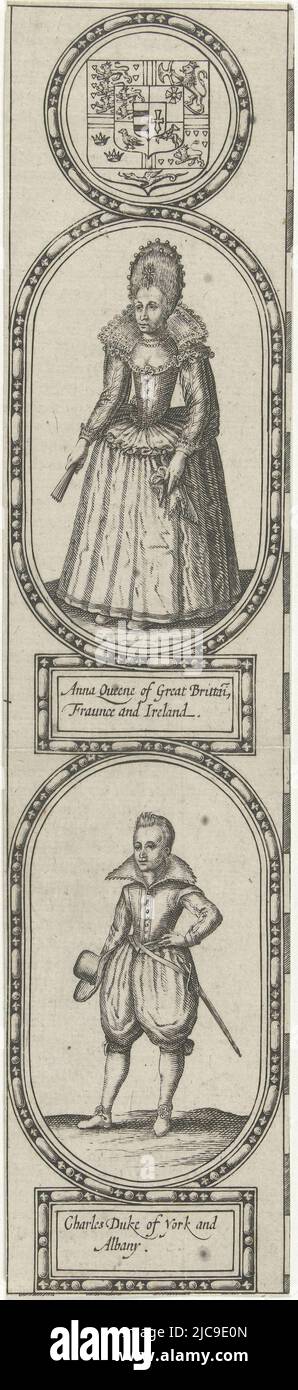 Ganzkörperportrait von (oben) Anna von Dänemark in einer Kartusche mit ihrem Namen und Titel in zwei Zeilen auf Englisch unter dem Porträt und (unten) Karl I. von England, in voller Länge, in einer Kartusche mit unter dem Porträt seinem Namen und Titel in zwei Zeilen auf Englisch, Porträts von Anna von Dänemark und Karl I. von England, Druckerei: Jodocus Hondius (I), London, 1611 - 1612, Papier, Gravur, Buchdruck, H 277 mm × B 62 mm Stockfoto