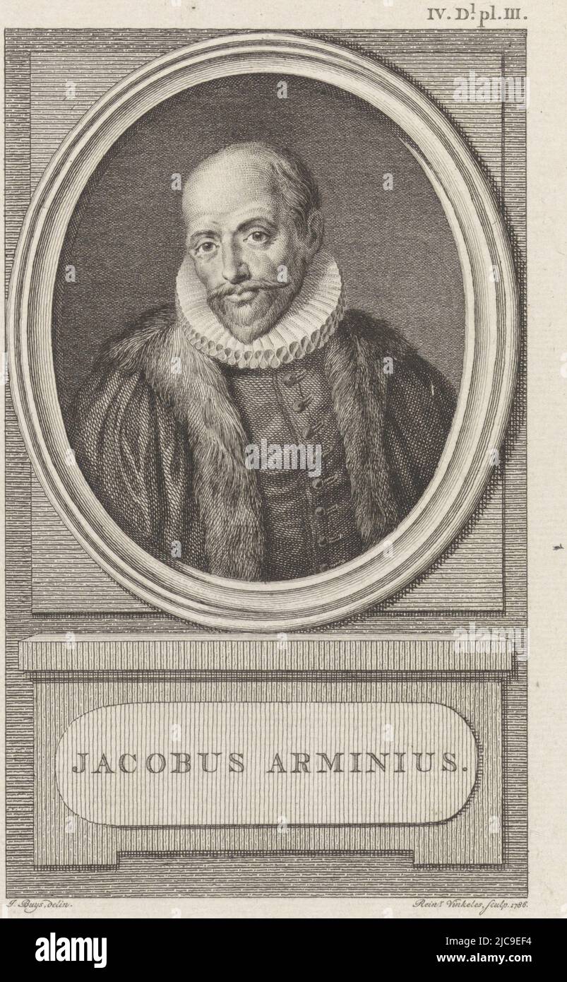 Porträt von Jacobus Arminius, Theologe in Leiden. Oben rechts: IV DL-pl. III Porträt von Jacobus Arminius, Druckerei: Reinier Vinkeles (I), (auf Objekt erwähnt), Zeichner: Jacobus Buys, (auf Objekt erwähnt), Verlag: Johannes Allart, Amsterdam, 1786, Papier, Radierung, Gravur, H 233 mm × B 150 mm Stockfoto