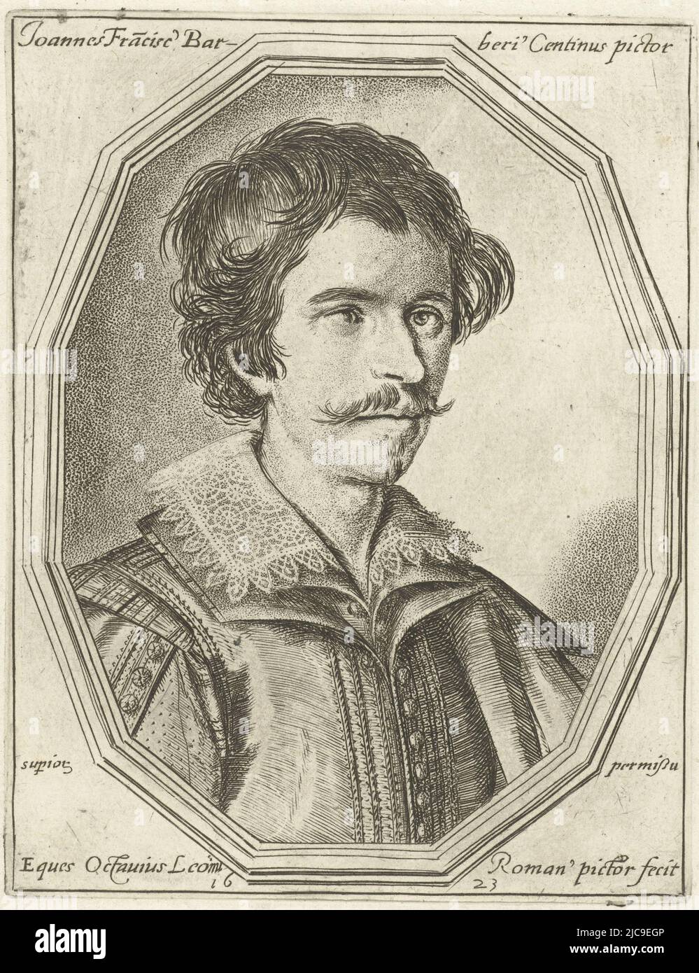 Porträt des italienischen Malers Giovanni Francesco Barbieri, genannt Guercino, in einem zwölfseitigen Rahmen. Porträt von Giovanni Francesco Barbieri, genannt Guercino Joannes Franciscus Barberius Centinus pictor, Druckerei: Ottavio Mario Leoni, (auf Objekt erwähnt), Ottavio Mario Leoni, Italien, 1623, Papier, Radierung, H 145 mm × B 112 mm Stockfoto