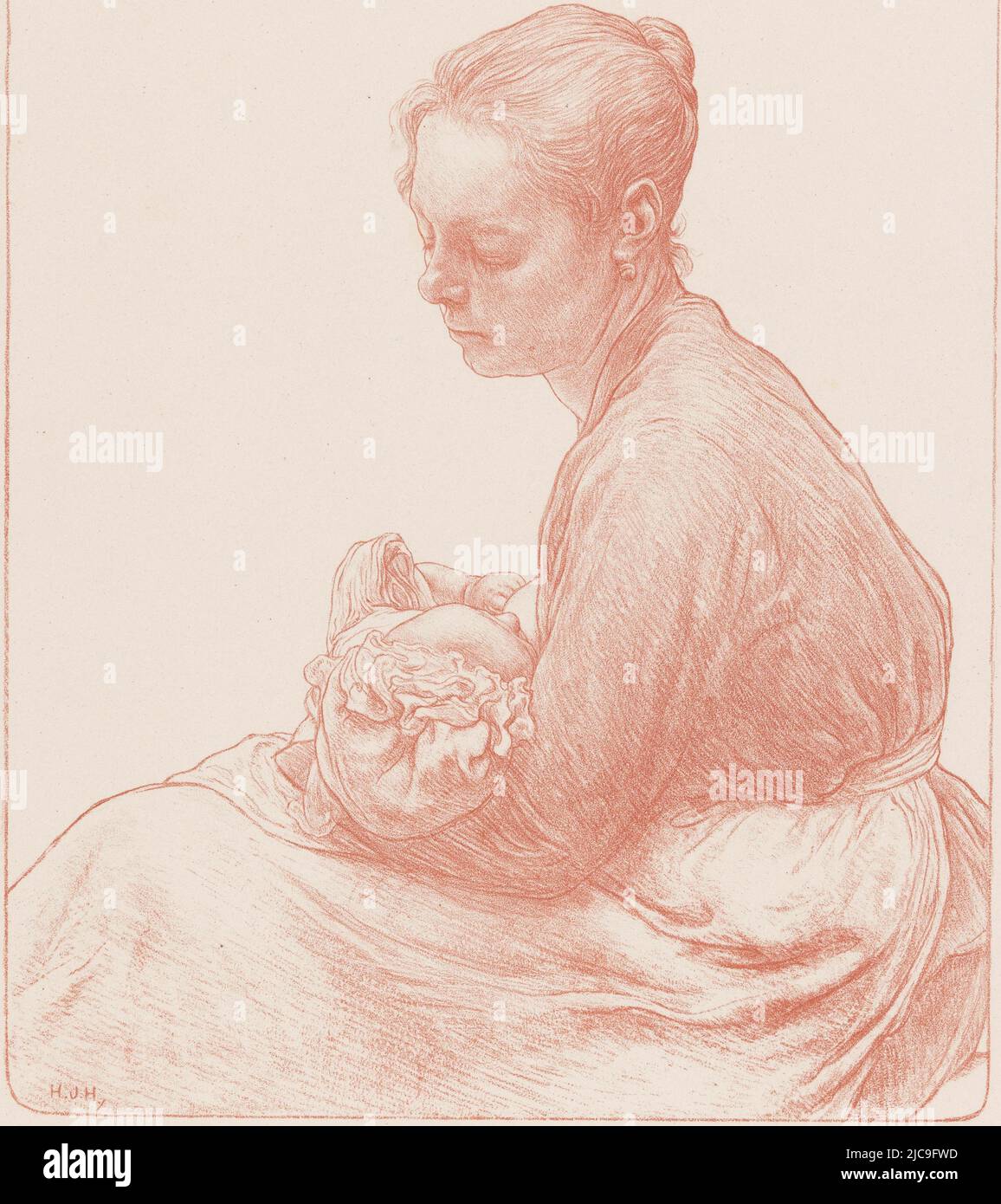 Frau, die ein Kind stillt, Druckerei: Hendrik Johannes Haverman, (auf Objekt erwähnt), 1867 - 1928, Papier, H 308 mm × B 235 mm Stockfoto