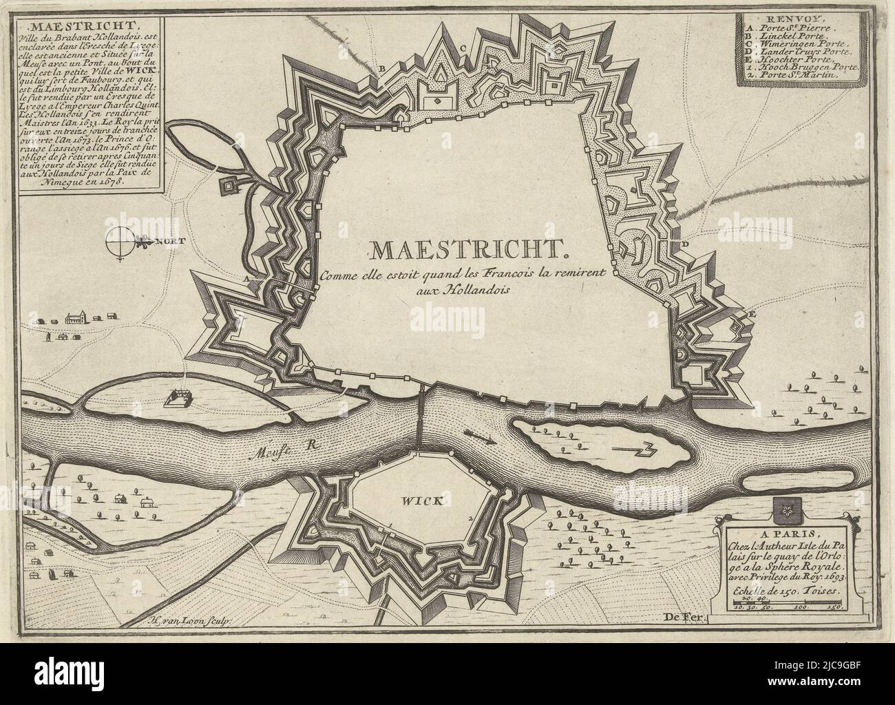 Karte der Festungen um Maastricht, belagert und von der französischen Armee erobert, 27.-30. Juni 1673. Oben links eine Kartusche, die die Geschichte der Stadt von 1633 bis 1678 umreißt. Oben rechts die Legende A-E und 1-2 auf Französisch, Karte von Maastricht, 1673 Maestricht. Comme elle estoit quand les Francois la remirent aux Hollandois , Druckerei: Harmanus van Loon, (erwähnt auf Objekt), Herausgeber: Unbekannt, Lodewijk XIV (koning van Frankrijk), (erwähnt auf Objekt), Paris, 1693, Papier, Ätzung, H 200 mm × B 275 mm Stockfoto