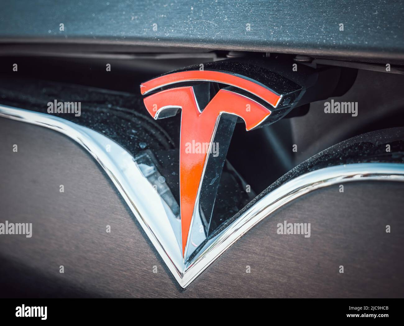 Bukarest, Rumänien - 05.20.2022: Nahaufnahme mit dem Logo der berühmten amerikanischen Luxus-Elektroauto-Marke Tesla Stockfoto