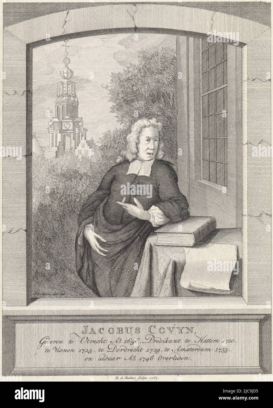 Porträt von Jacobus Covijn mit im Hintergrund dem Turm der Westerkerk in Amsterdam, dem Ort, an dem er in den letzten Jahren seines Lebens lebte und arbeitete, Porträt von Jacobus Covijn Jacobus Covijn , Druckerei: Barent de Bakker, (auf Objekt erwähnt), Zeichner: Frans van Mieris (II), 1767, Papier, Radierung, Gravur, H 230 mm × B 166 mm Stockfoto