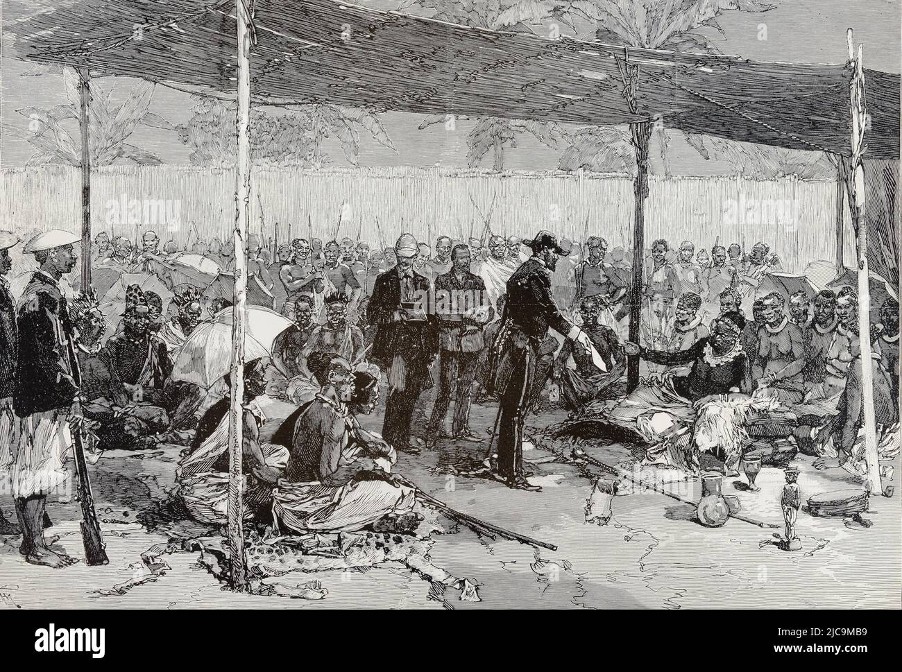 Eng translation : ' FRANKREICH IM KONGO. -- 'M. DE BRAZZA ÜBERGIBT KÖNIG MAKOKO DEN VON DER FRANZÖSISCHEN REGIERUNG RATIFIZIERTEN SCHUTZVERTRAG, der auf einer Skizze von M. de Chavannes ENTSTAMMT. ' - Original in Französisch : ' LA FRANCE AU CONGO. -- 'M. DE BRAZZA REMETTANT AU ROI MAKOKO LE TRAITÉ DE PROTECTORAT, RATIFIÉ PAR LE GOUVERNEMENT Français D'après un croquis de M. de Chavannes. ' - Auszug aus ' L'Illustration, Journal Universel ' Vintage Französisch illustrierte Zeitung 1886 Stockfoto