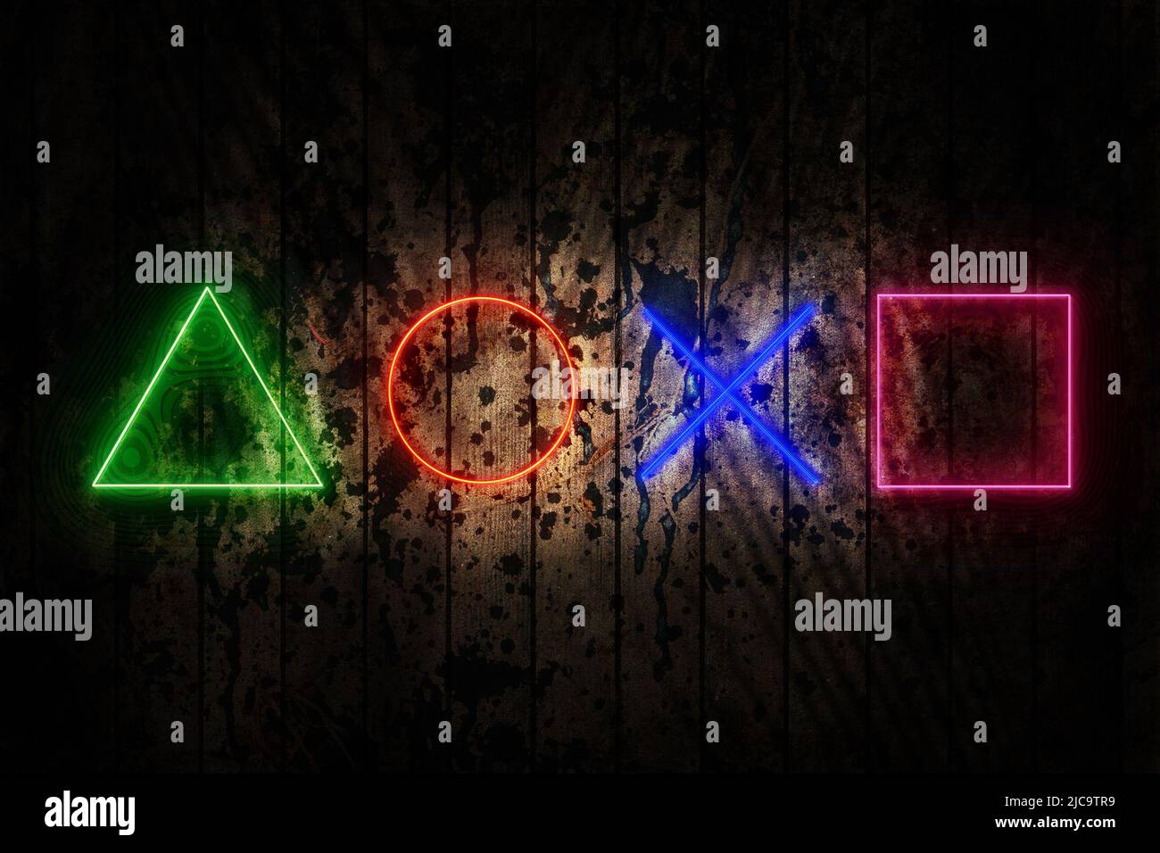 Geometrie Neonlichter im Raum mit moderner blauer Ambient Beleuchtung Hintergrund. Spielsymbole playstation-Symbole auf schwarzem Hintergrund. Kreuz Dreieck Squa Stockfoto